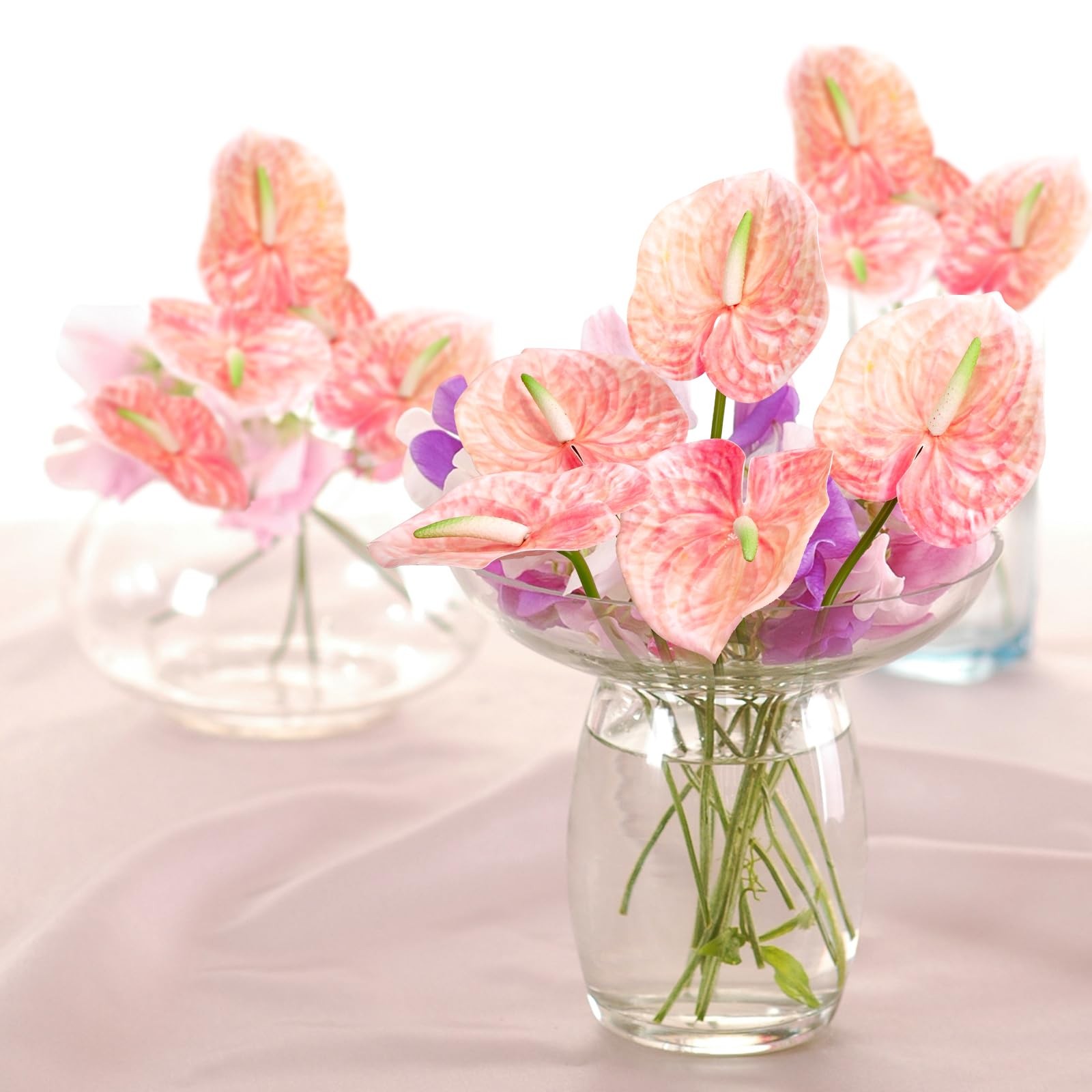 8 PCS 22.8 Inch Anthurium Artificial Flowers Pink Faux Silk Real Touch Vase