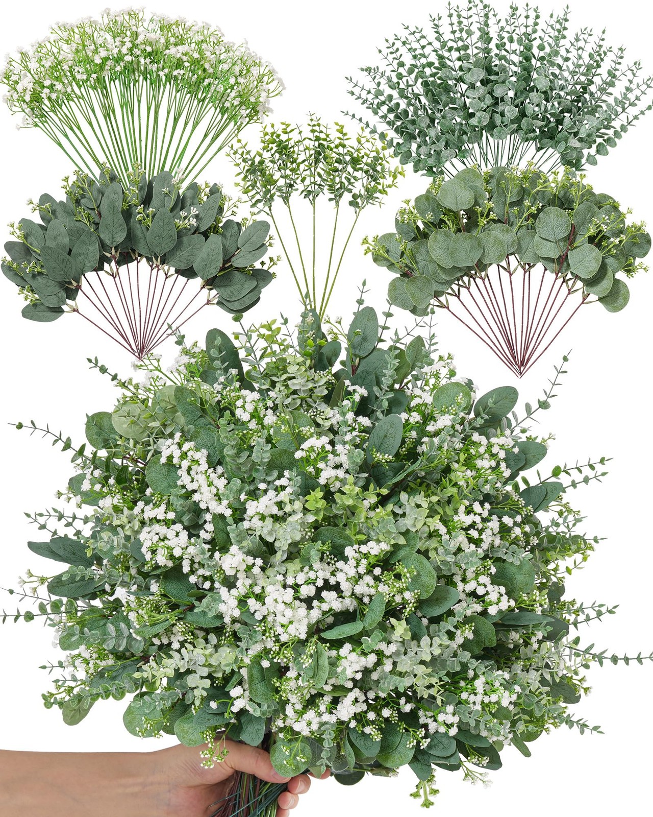 5 Kinds Mixed Artificial Greenery Eucalyptus Stems Bulk, Babys Breath Artific…