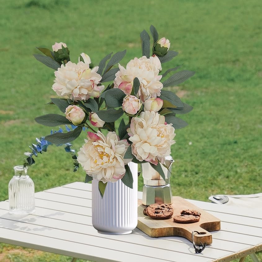 Ivory White Peonies Artificial Flowers,4 Pcs Fake Silk Peonies with Stems Rea…
