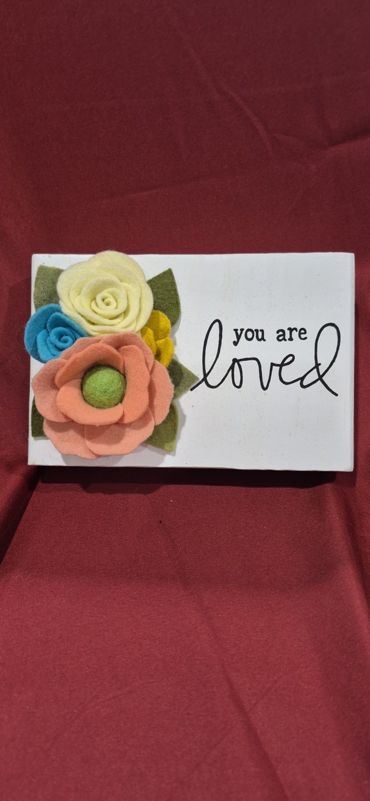 NEW Artisan Made Fiber Art 7×5 Felt Flower Leaf You Are Loved Boho Cottage Core