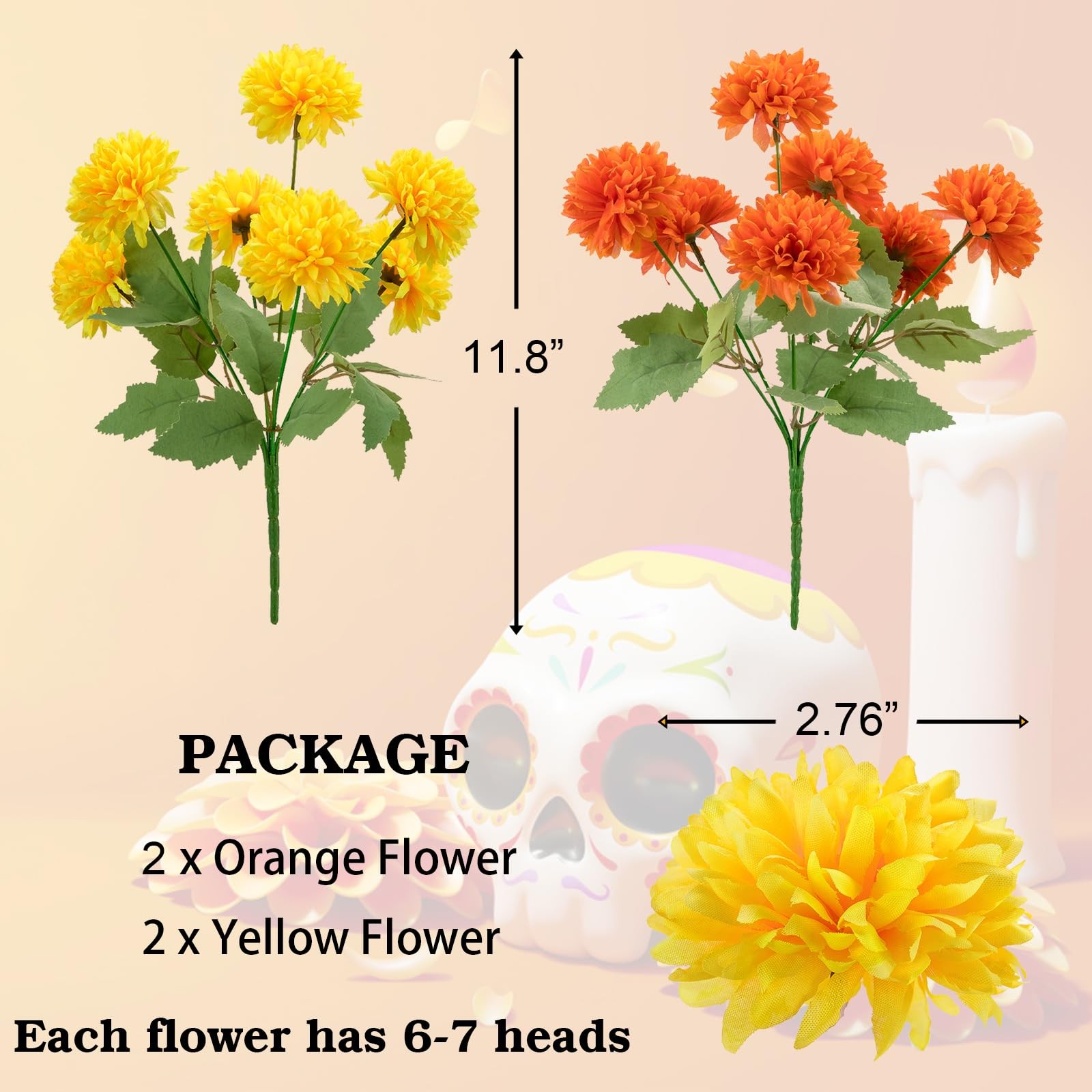 Artificial Silk Marigold Flower Heads Bouquet 12 Inch Orange Yellow 4 PCS