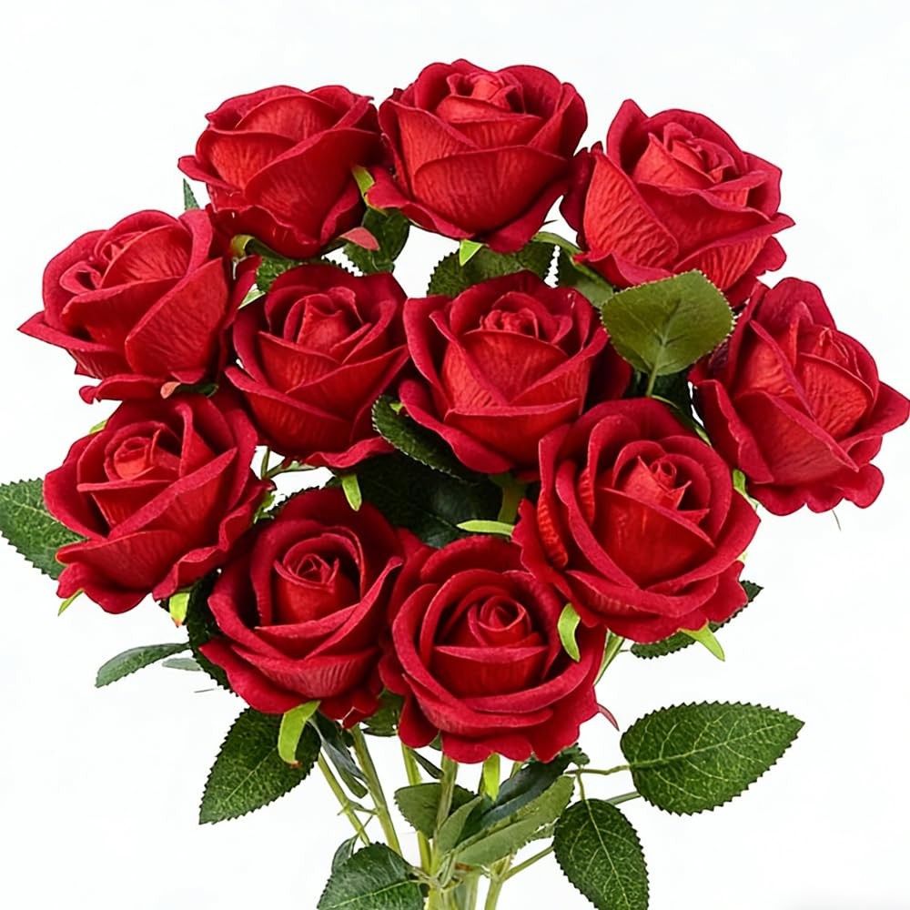 Pack 12 Fake Red Roses Long Stem Realistic Velvet Silk Flowers Home Decor