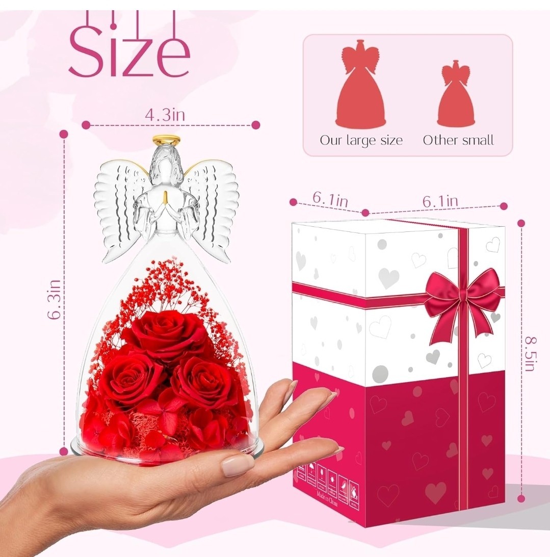 Valentines Flower Gift for Grandma Mom, Forever Real Roses in Angel Figurine