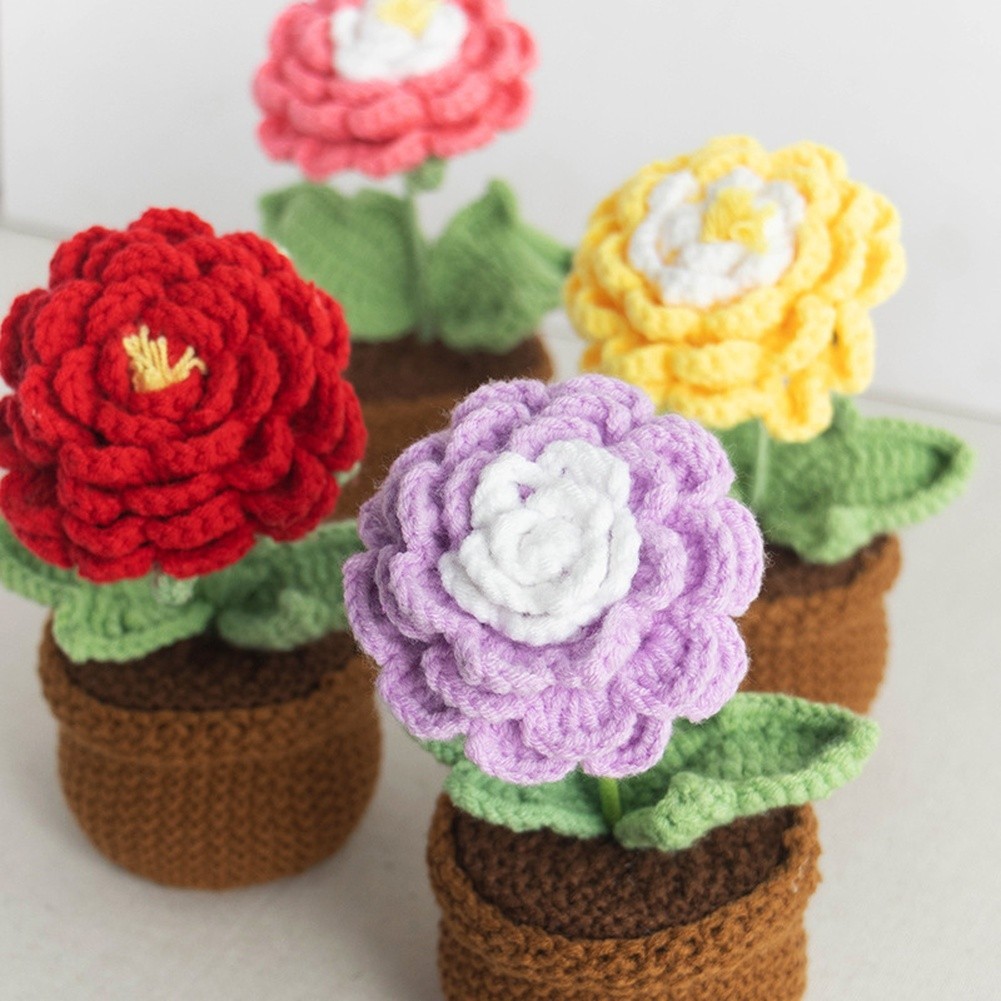 Crochet Peony Artificial Flower in Pot Handmade 17cm Milk Cotton Piece
