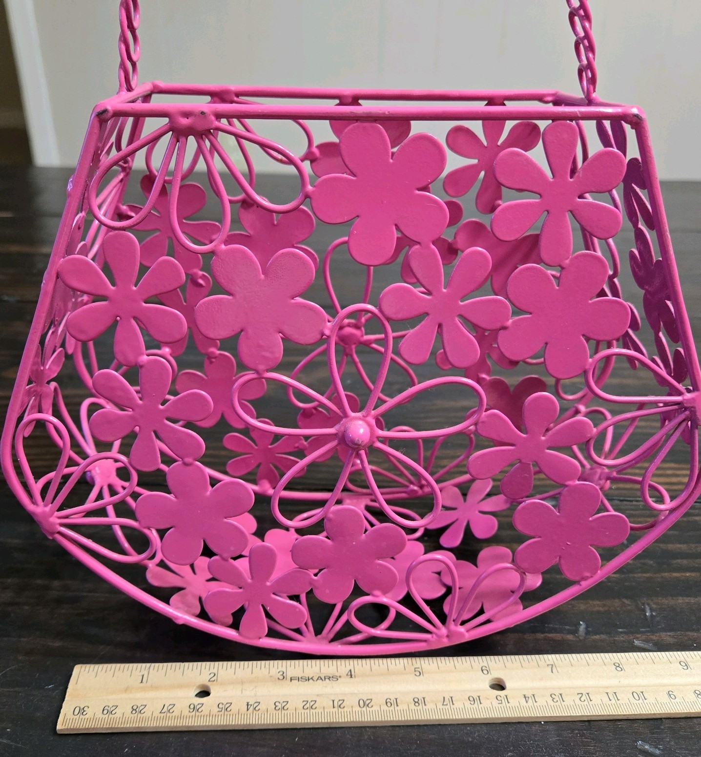 Pink Metal Floral Purse-Basket With Handle-Pink Flowers
