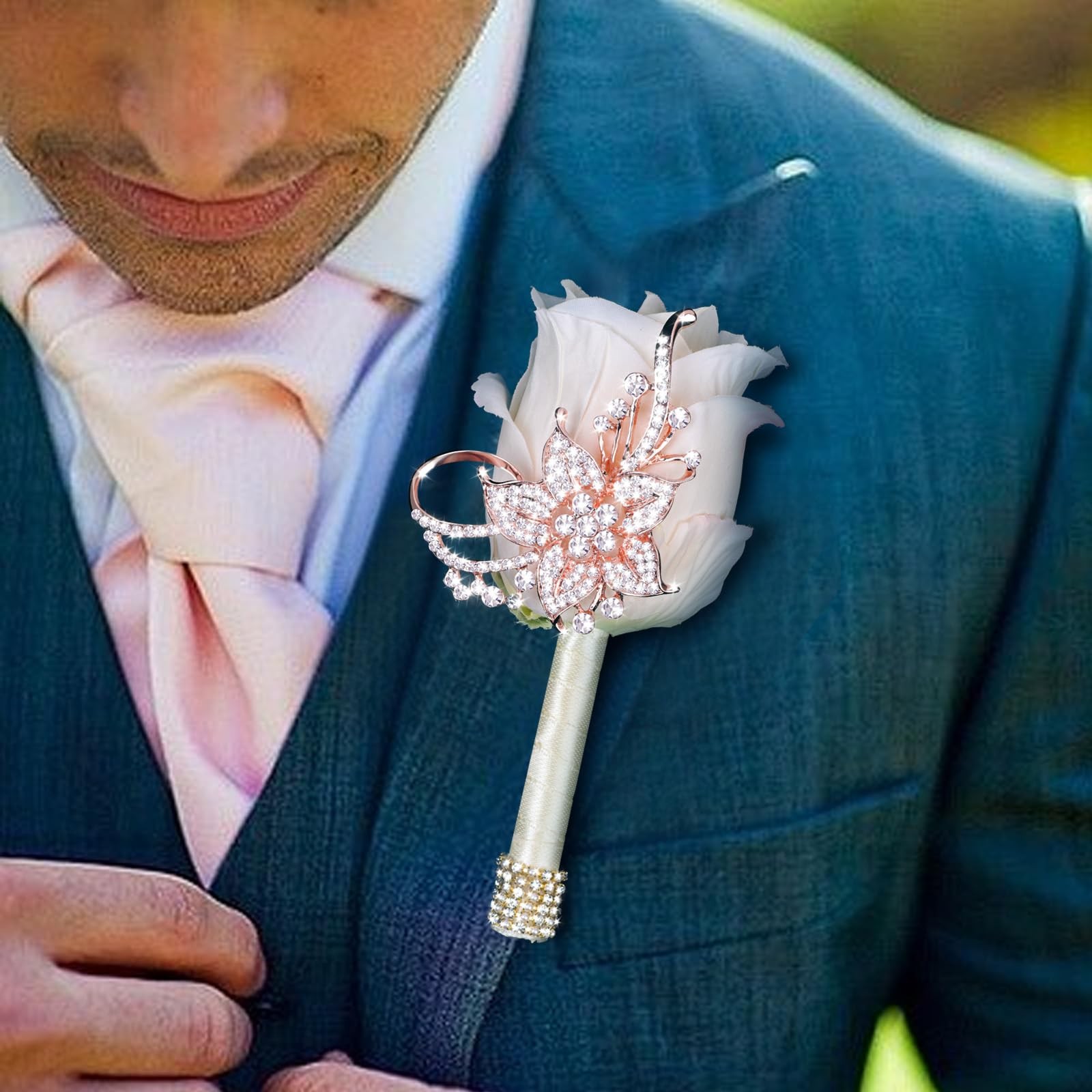 Bling Boutonniere Men Wedding Pocket Pins Groom Suit Artificial Rose Ivory