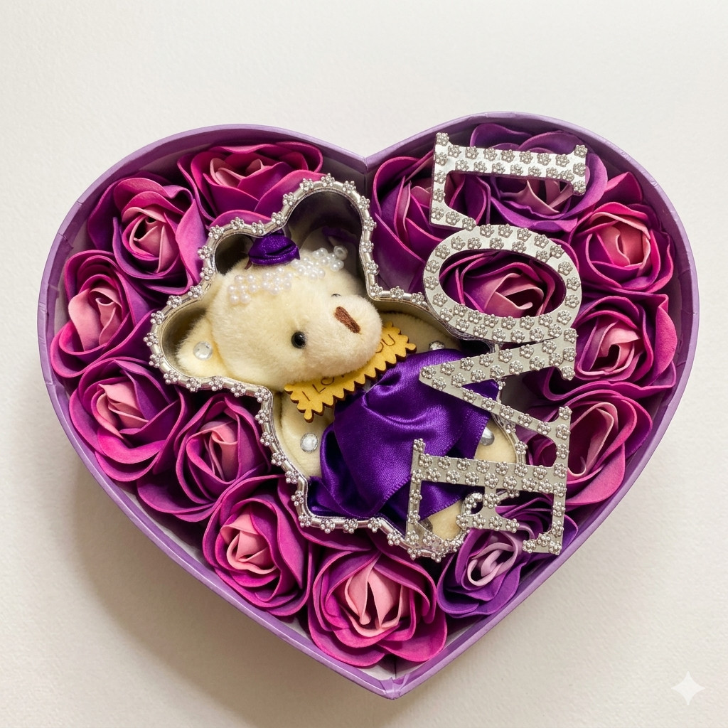 Romantic Heart Gift Box with Teddy Bear & pink +purple Roses – “Love” Decoration