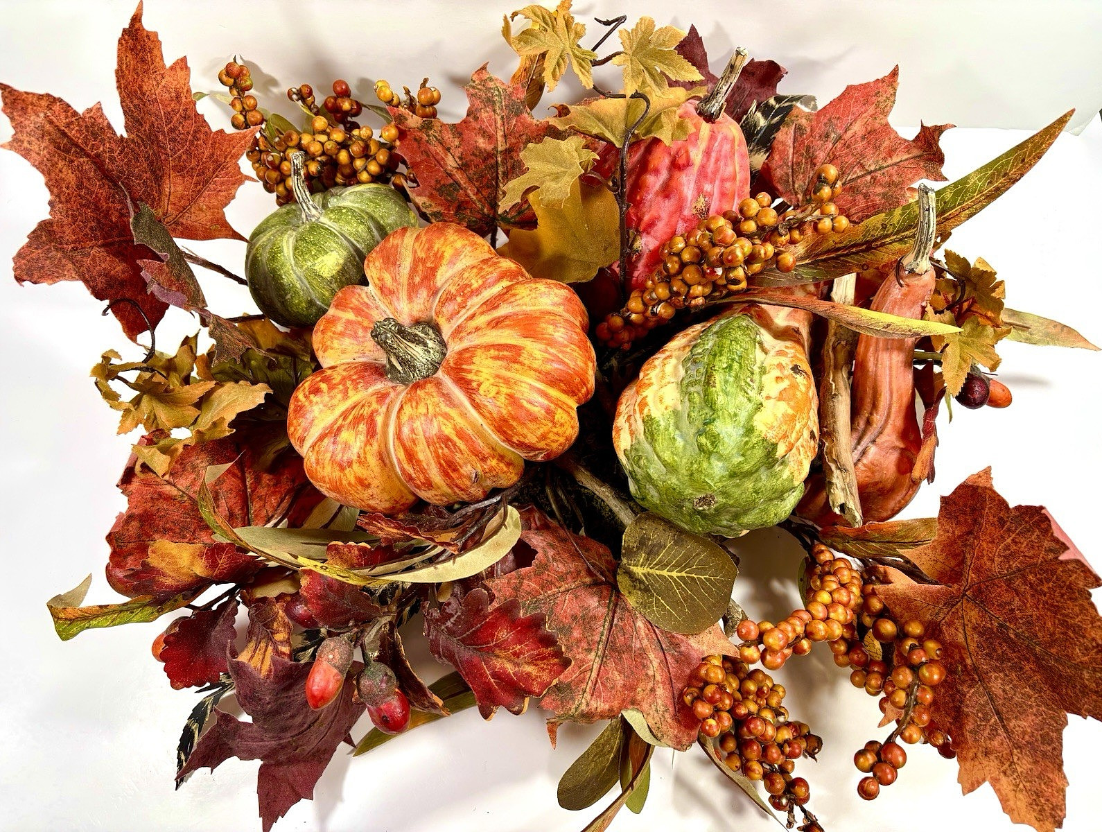 Thanksgiving/Fall Leaves Gourd Centerpiece w/ Twigs Oval Arrangement 19”