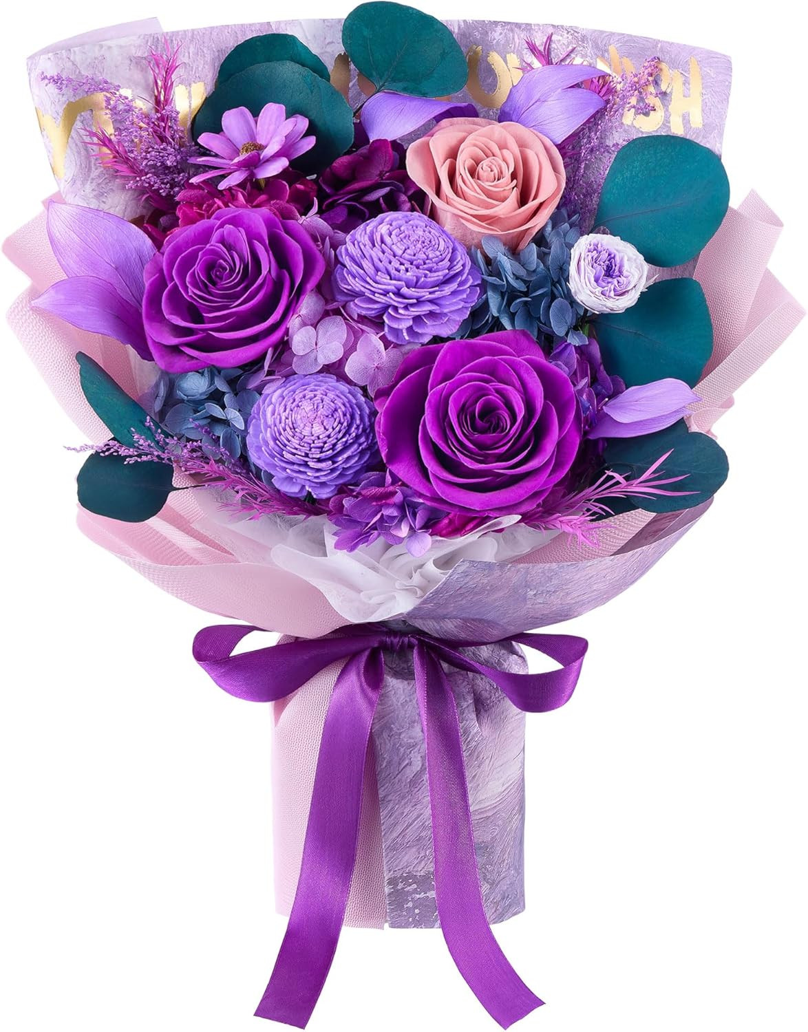 Preserved Roses and Purple Flowers Bouquet for Mother’s Day and Special Occasion