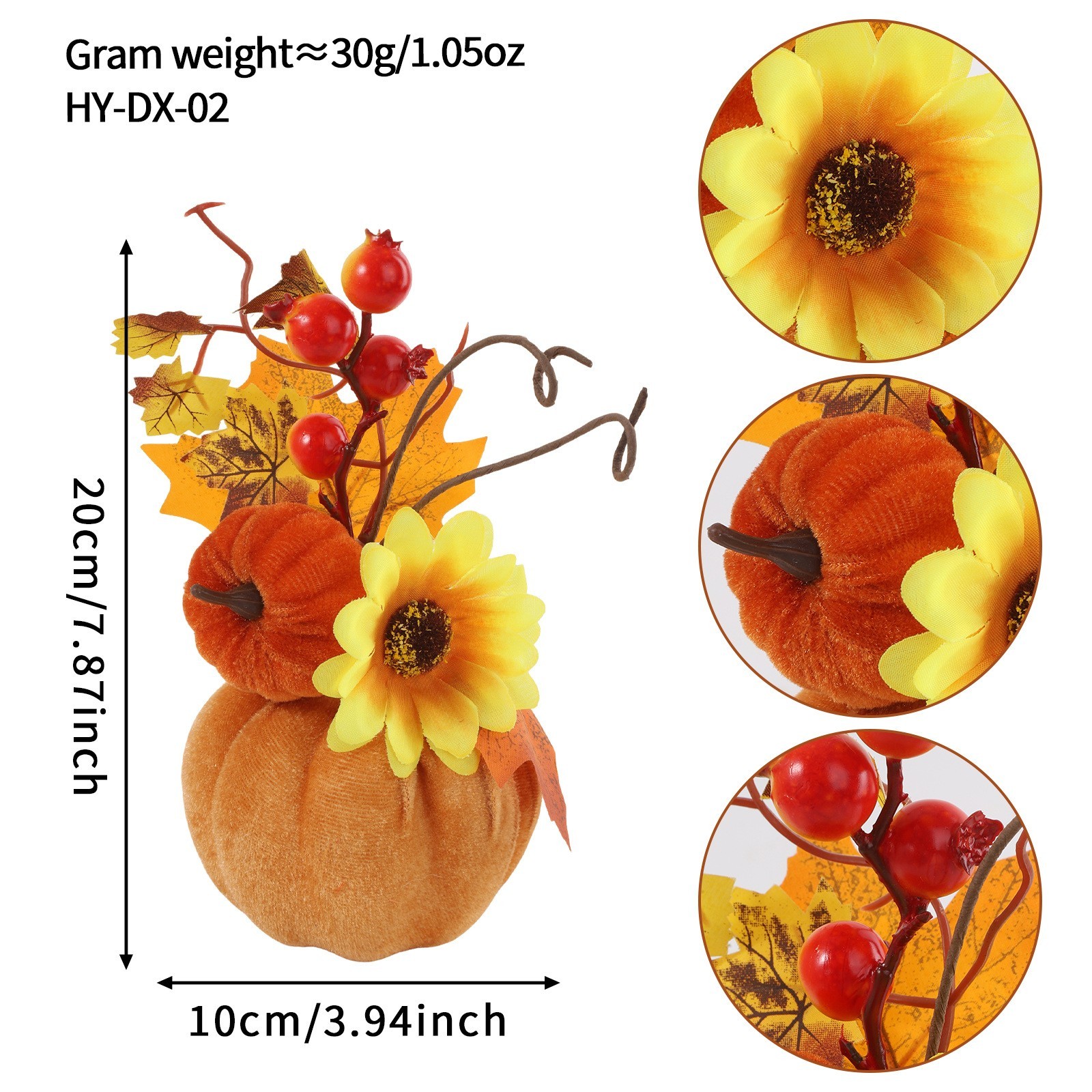 7.87in Autumn Flocked Pumpkin Decor with Sunflowers and Plastic Berries