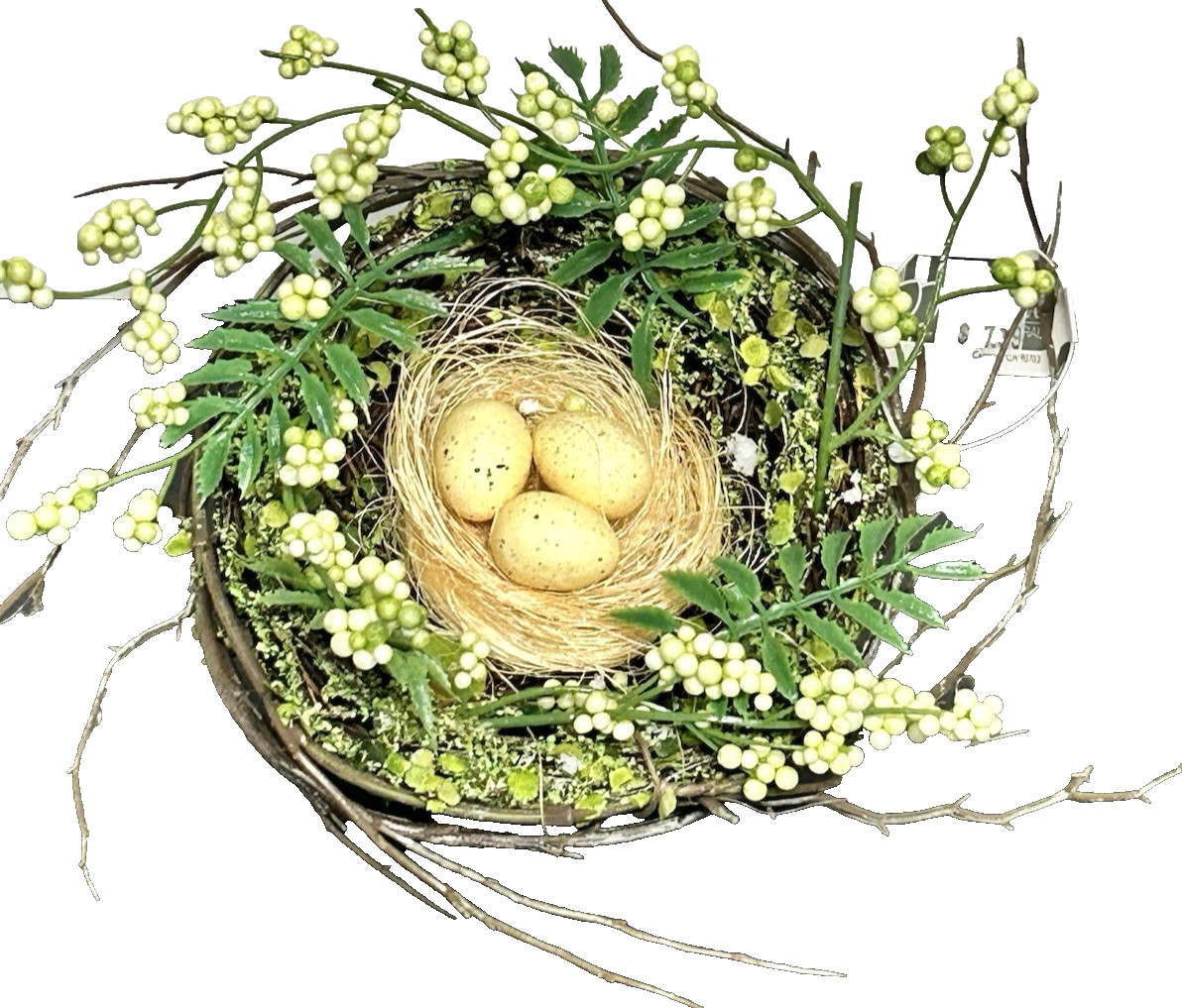 NWT ALLSTATE PLASTIC FLORAL BIRD NEST 3 YELLOW EGGS FERN & BERRIES DECOR 5 inch