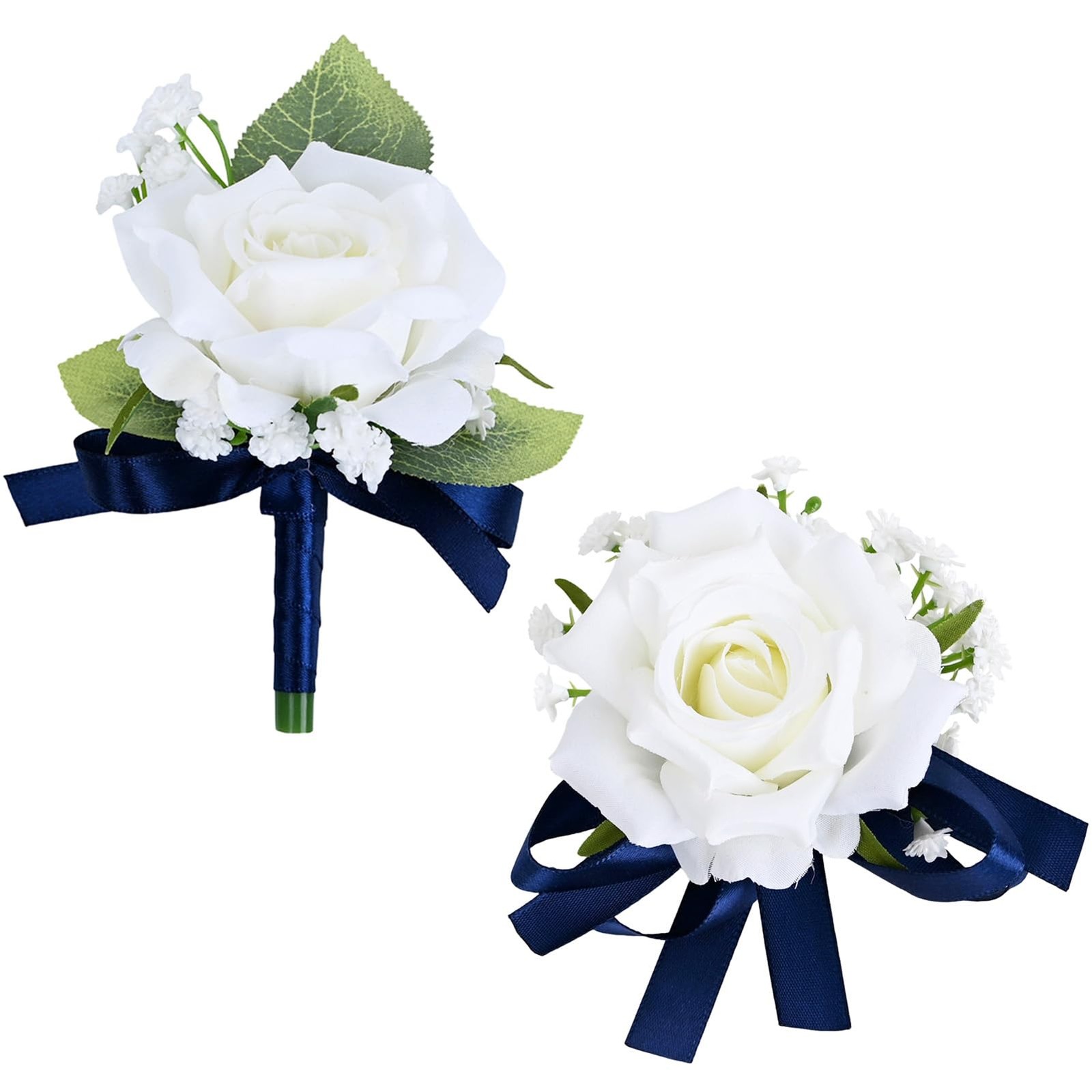 2 PCS Boutonniere Corsage Set Artificial Rose Groom Prom White Navy Blue