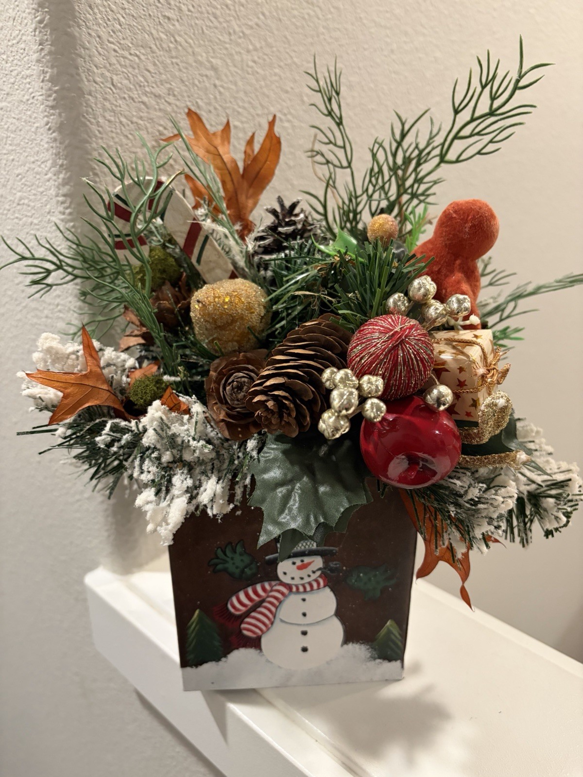 Painted Snowman Tin Bucket w Artificial Pine Table/Wall Arrangement ~Christmas