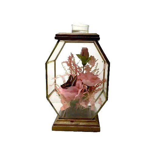 Display Case w Tea Lite Holder Pink Silk Flowers Wood and Brass Vintage