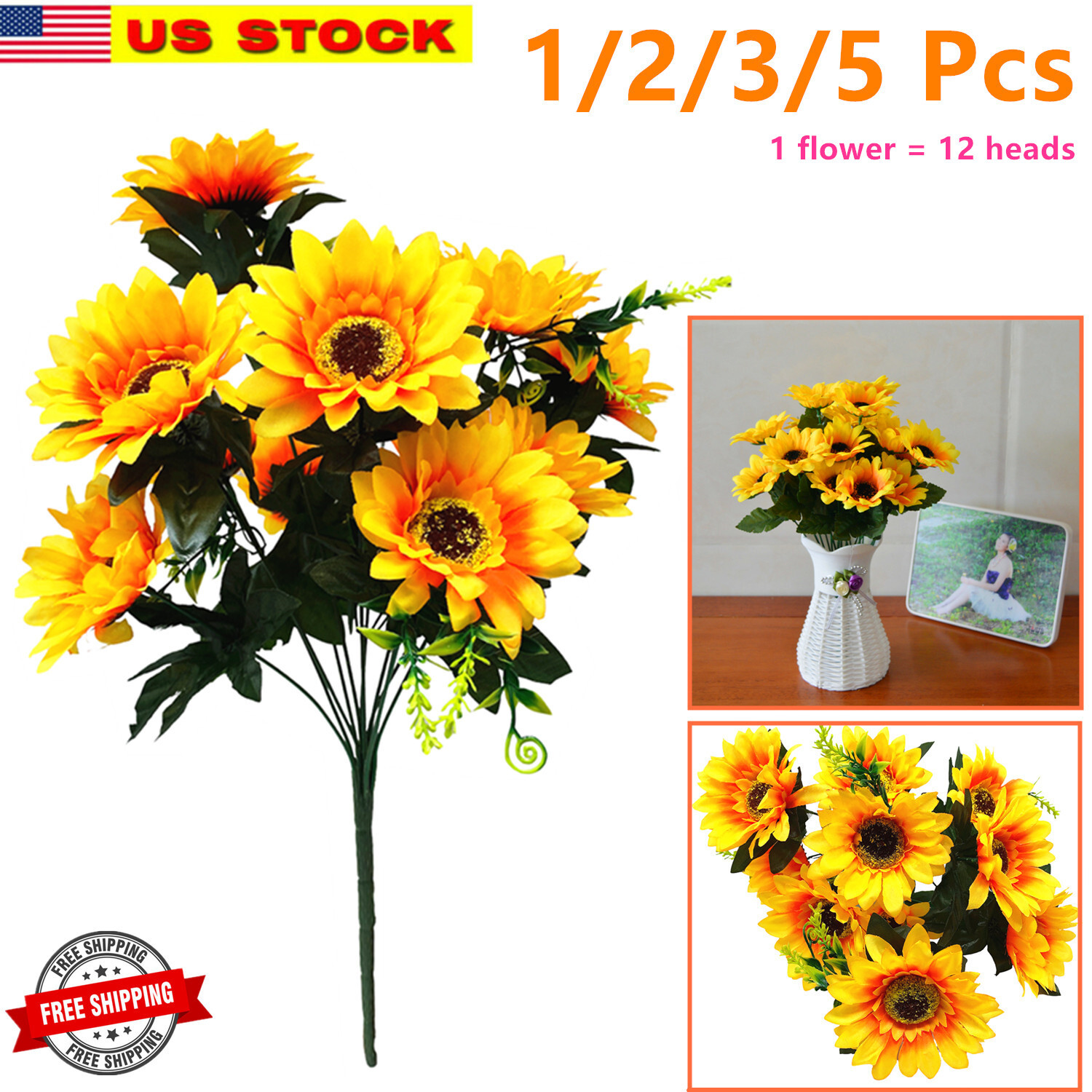 1/2/3/5 Pcs of Artificial Sunflower Lifelike Fake For Home Accent & Decor Yellow