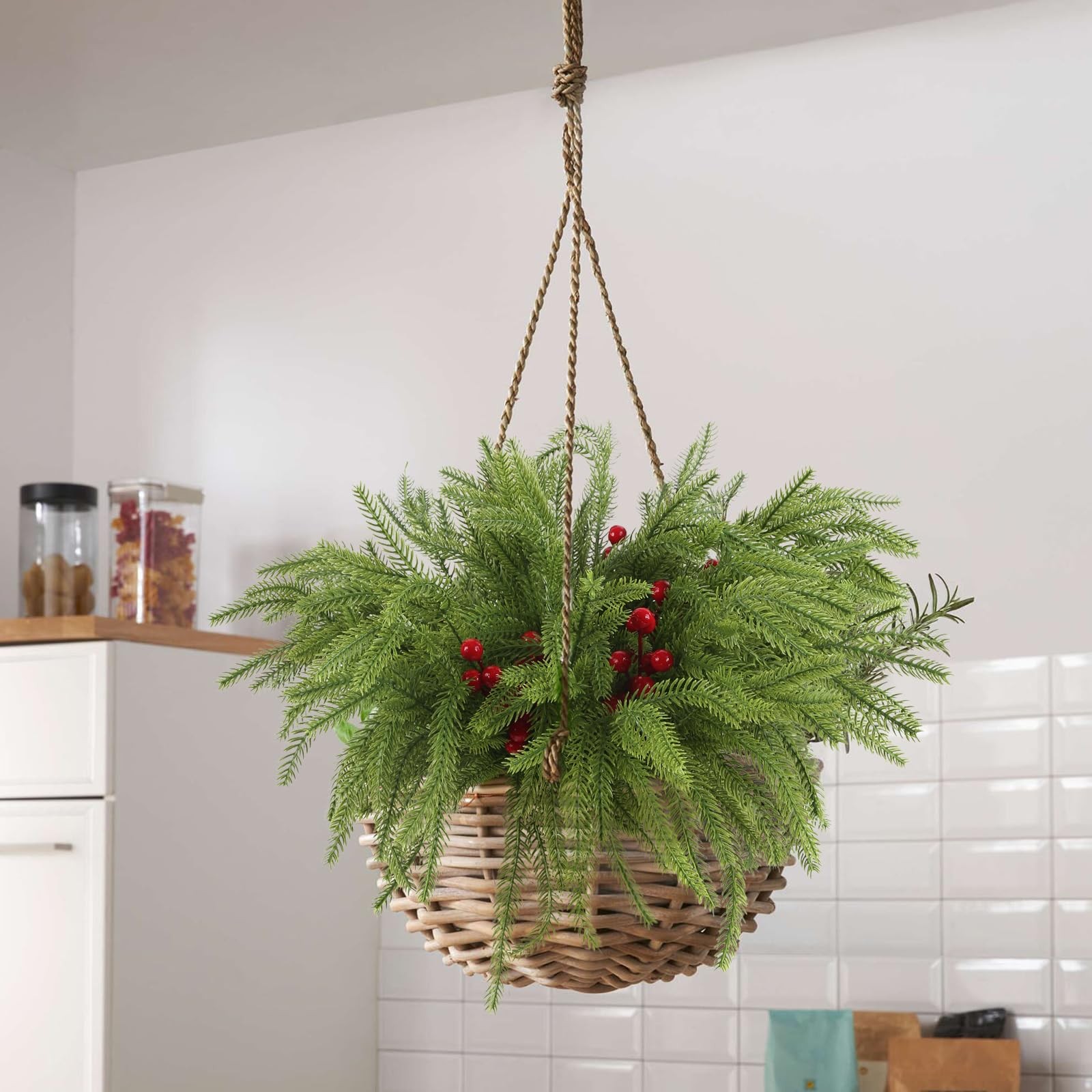 Christmas Norfolk Pine Branches with Red Berry 17.8″ Artificial Greenery Picks