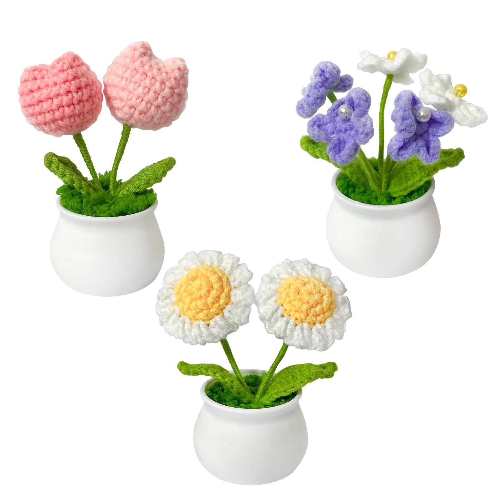 3 PCS Crochet Flower Pot Daisy Tulips Forget Me Not Desk Decor Mothers Day