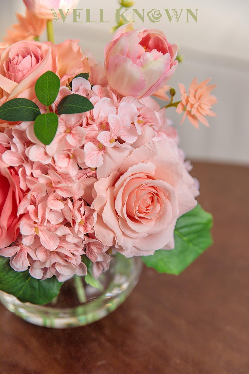 Peach Pink Silk Flower Bouquet in Vase with Fake Water for Home Decor