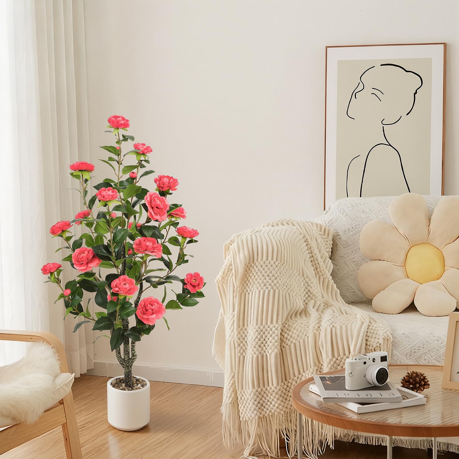 UPBUD Artificial Camellia Tree 2 Pack, 3.3FT Fake Camellia Plant with Bloomin…