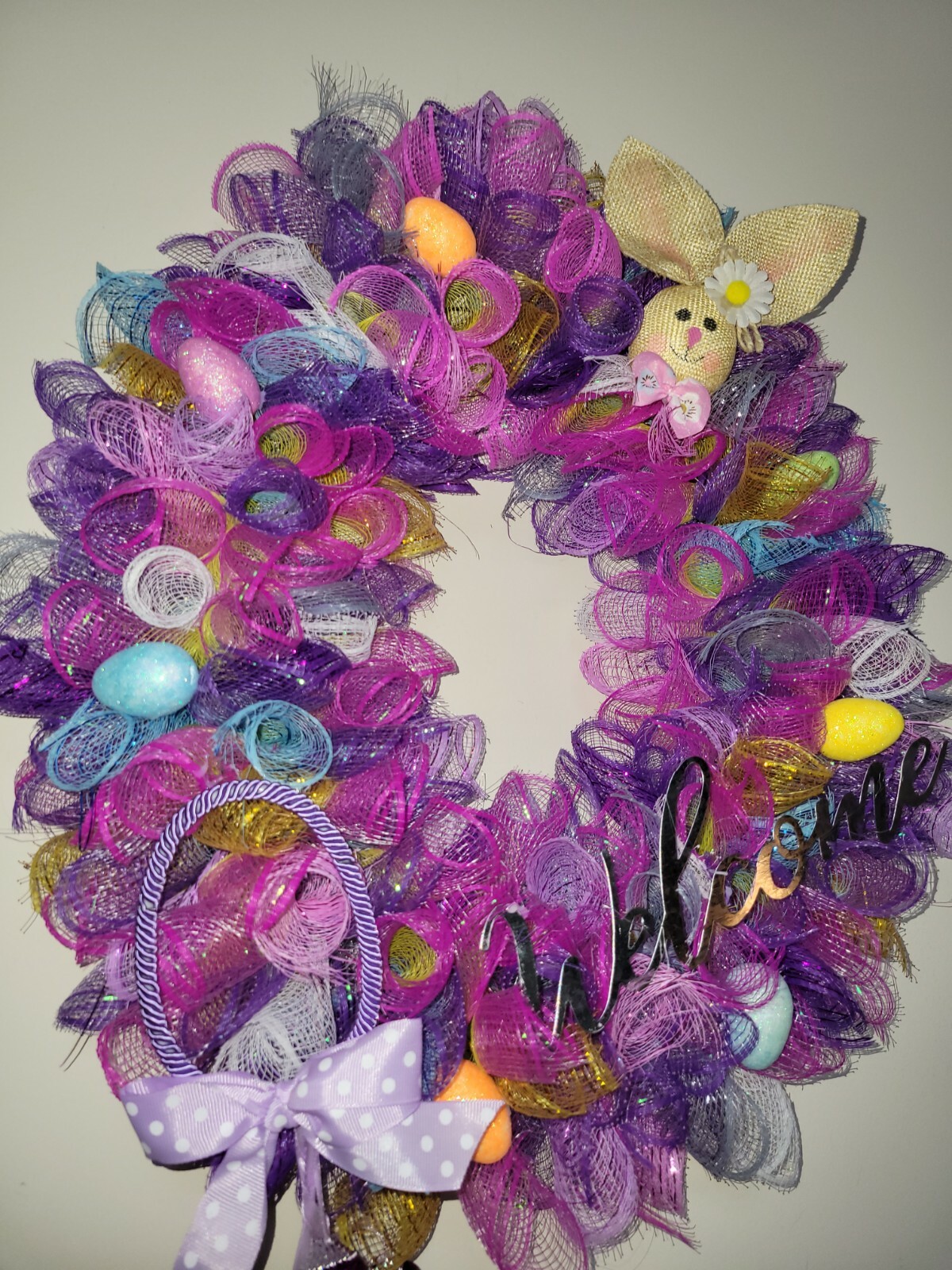 Welcome EASTER egg basket blue yellow purple pink SPRING Wreath Deco Mesh Door