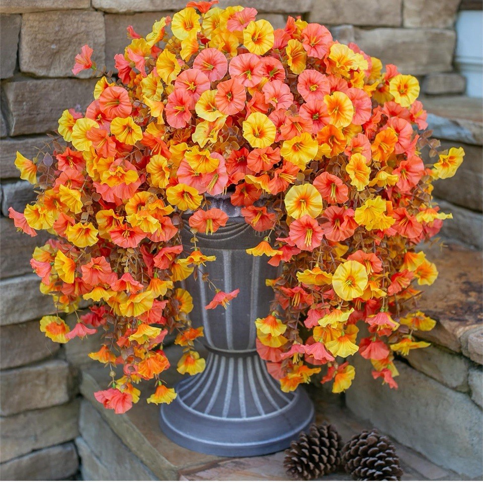 Ivydale 2 PCS Artificial Fall Hanging Flowers Silk Faux Petunias Orange+Yellow