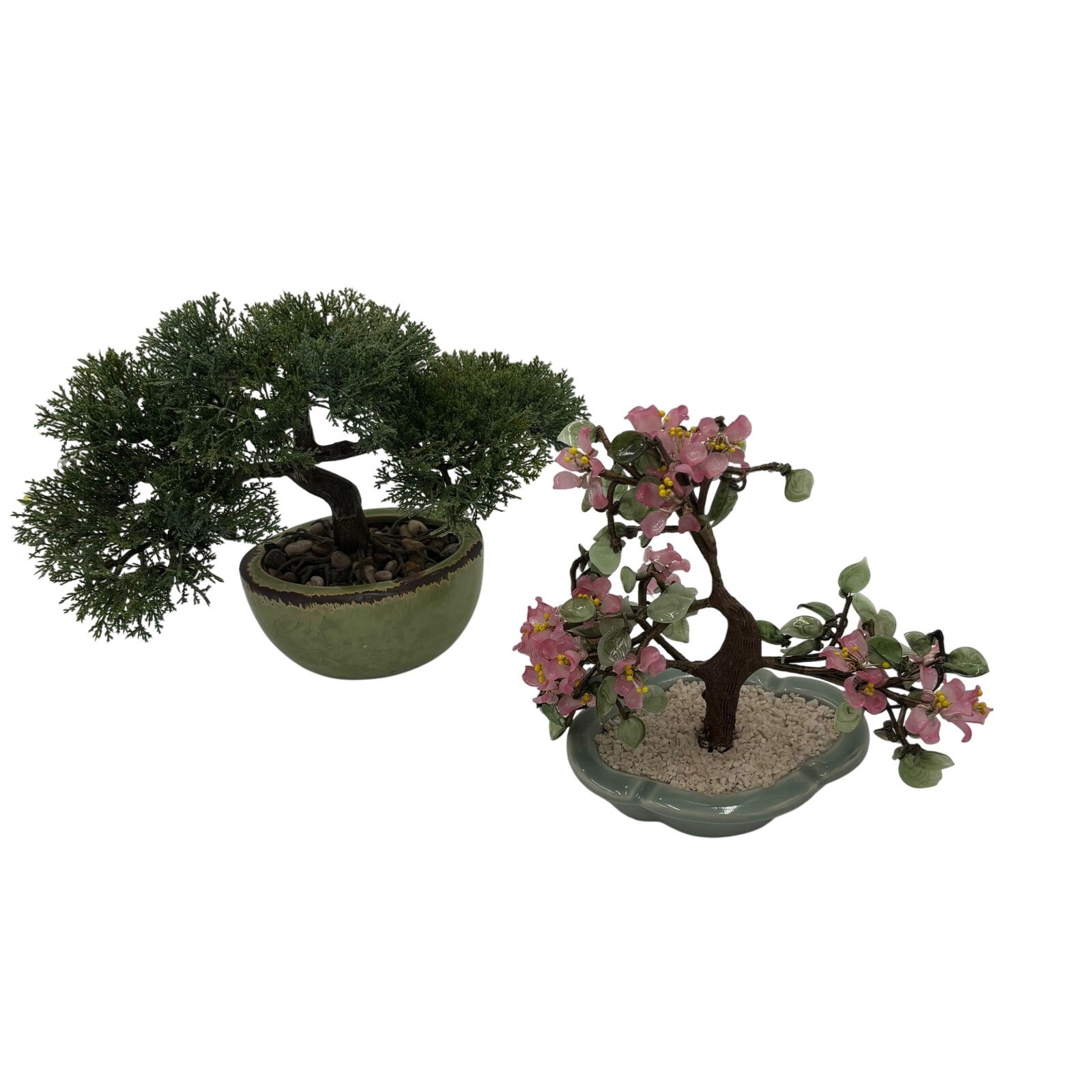 2 Vintage Artificial Bonsai Tree Set Juniper and Flowering Glass Cherry Blossom