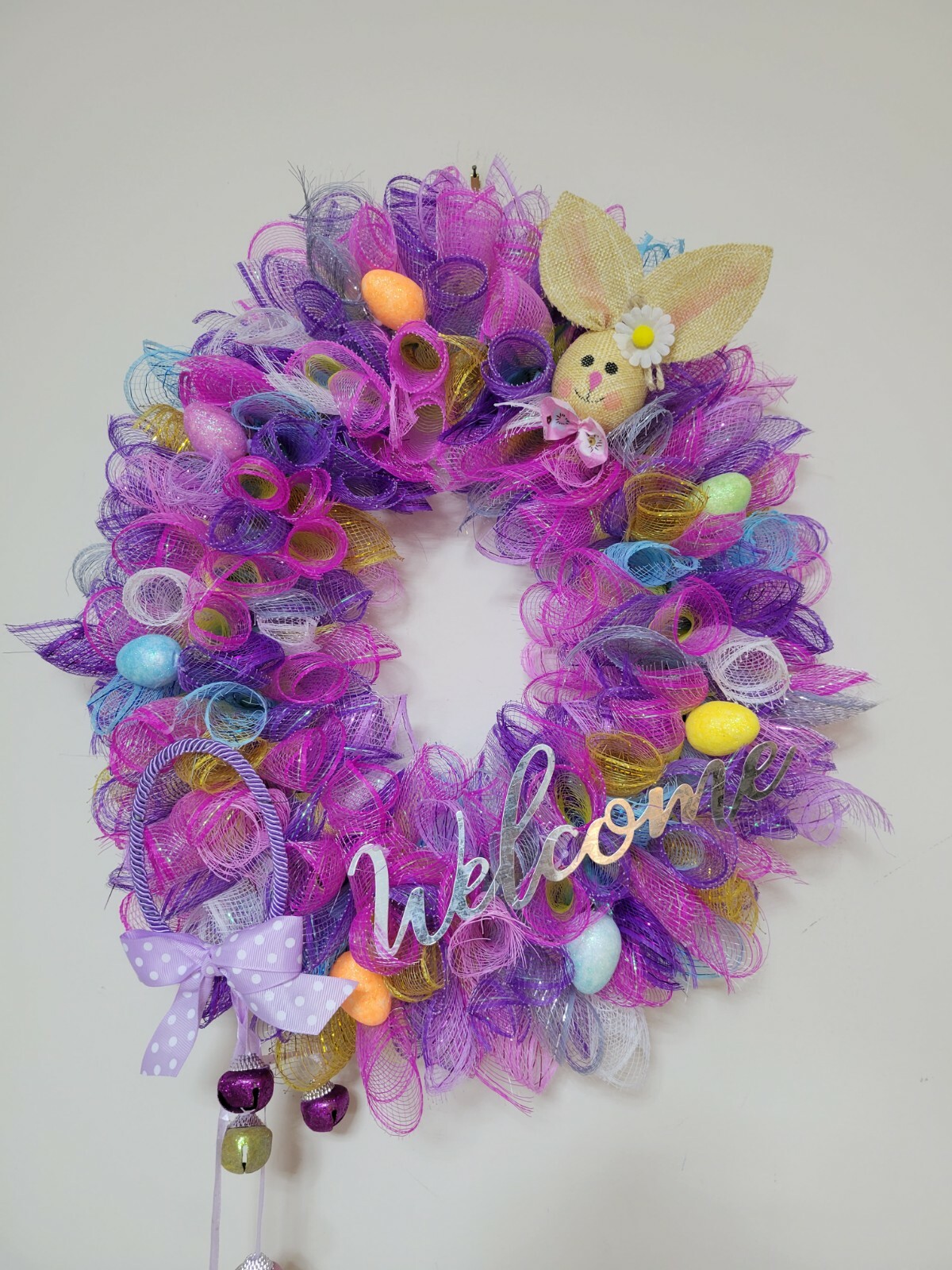 Welcome EASTER egg basket blue yellow purple pink SPRING Wreath Deco Mesh Door