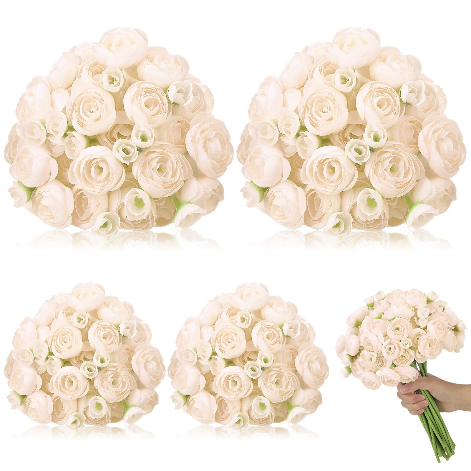 Ovveroche 5 Bouquets Cream Ranunculus Artificial Flowers, 30 Pcs Silk Mini Fa…