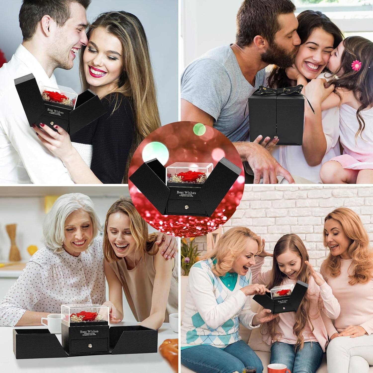 Preserved Real Red Rose with Matching Red LED Light & 100 Languages Necklace – E