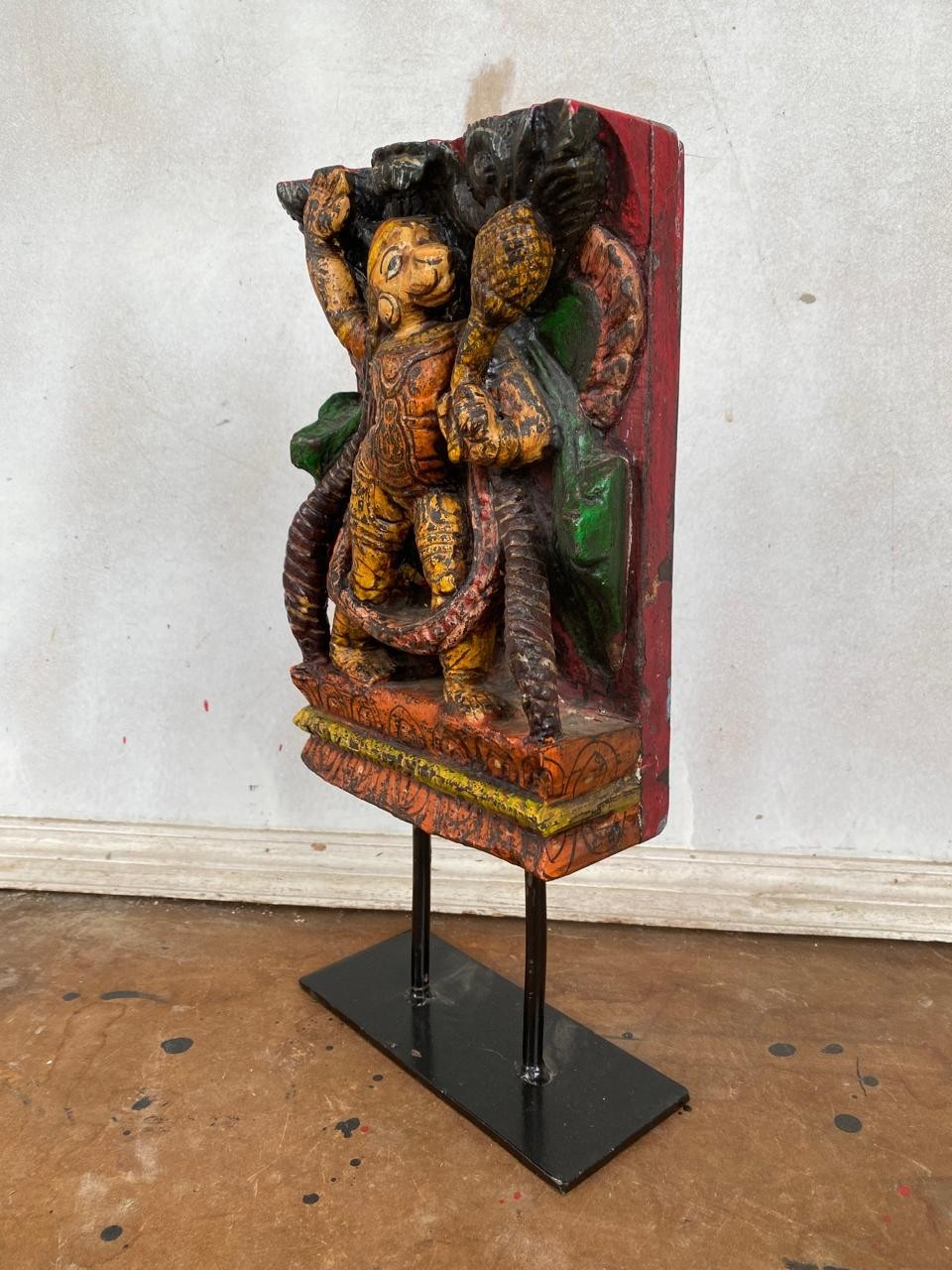 Hand Carved Wooden Hanuman Panel Sculpture Vintage Hindu Temple Decor Art