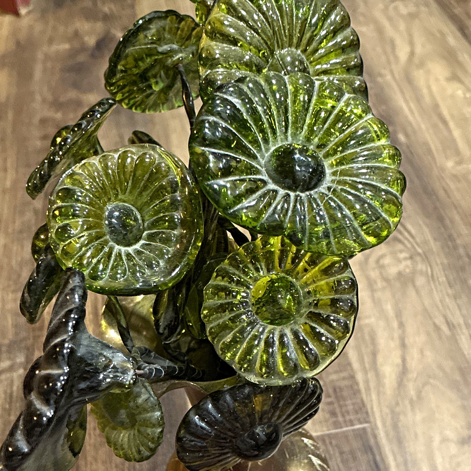 Vintage Mid-Century Murano Style Glass Flower Floral Stems – Avocado Green Rib 4