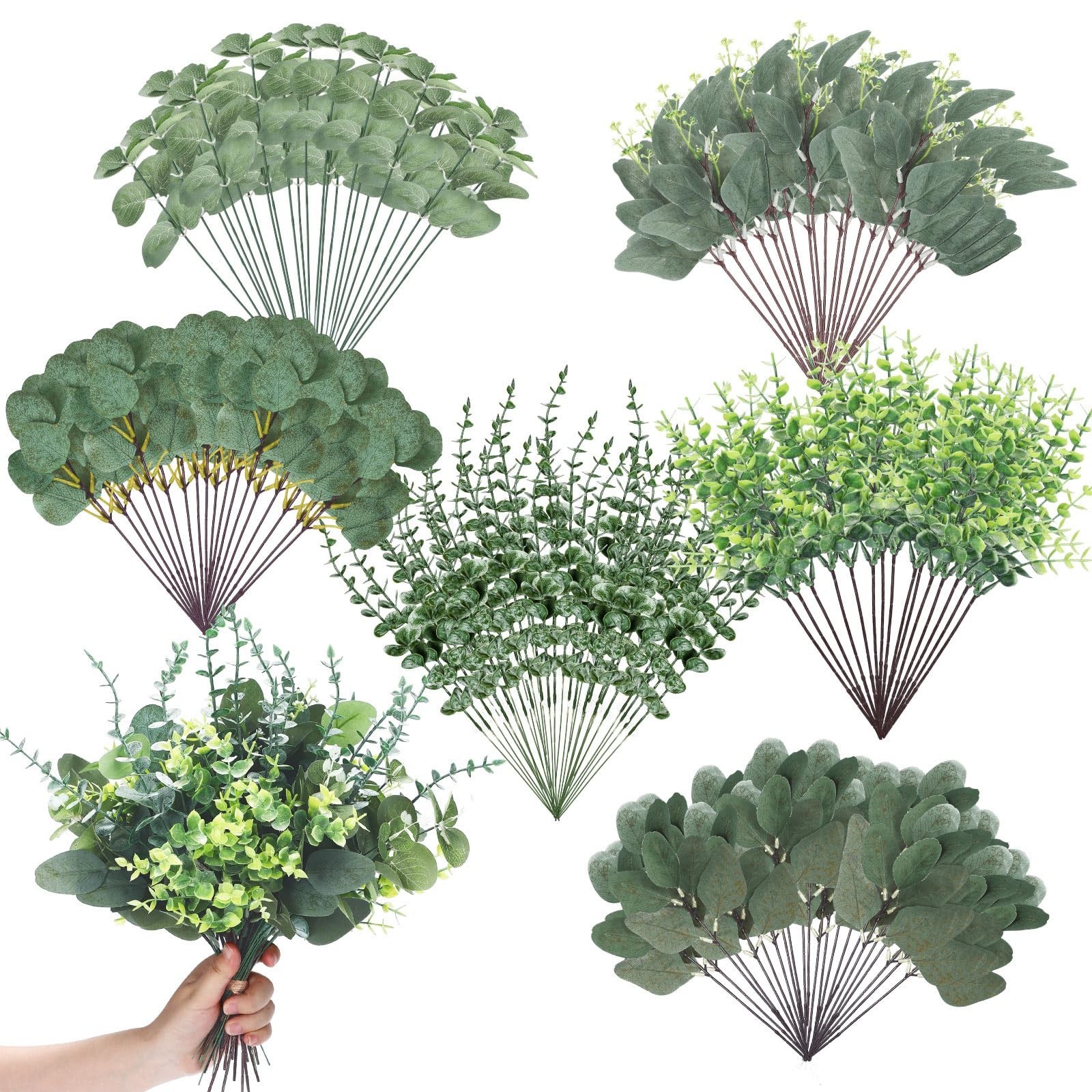 200 Pcs Mixed Eucalyptus Leaves Stems – Bulk Faux Greenery for DIY Bouquets & De