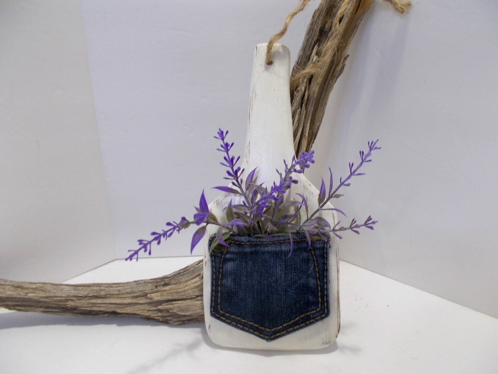 Butter Paddle Small Wooden with Small Denim Pocket of Faux Lavender Handcrafted