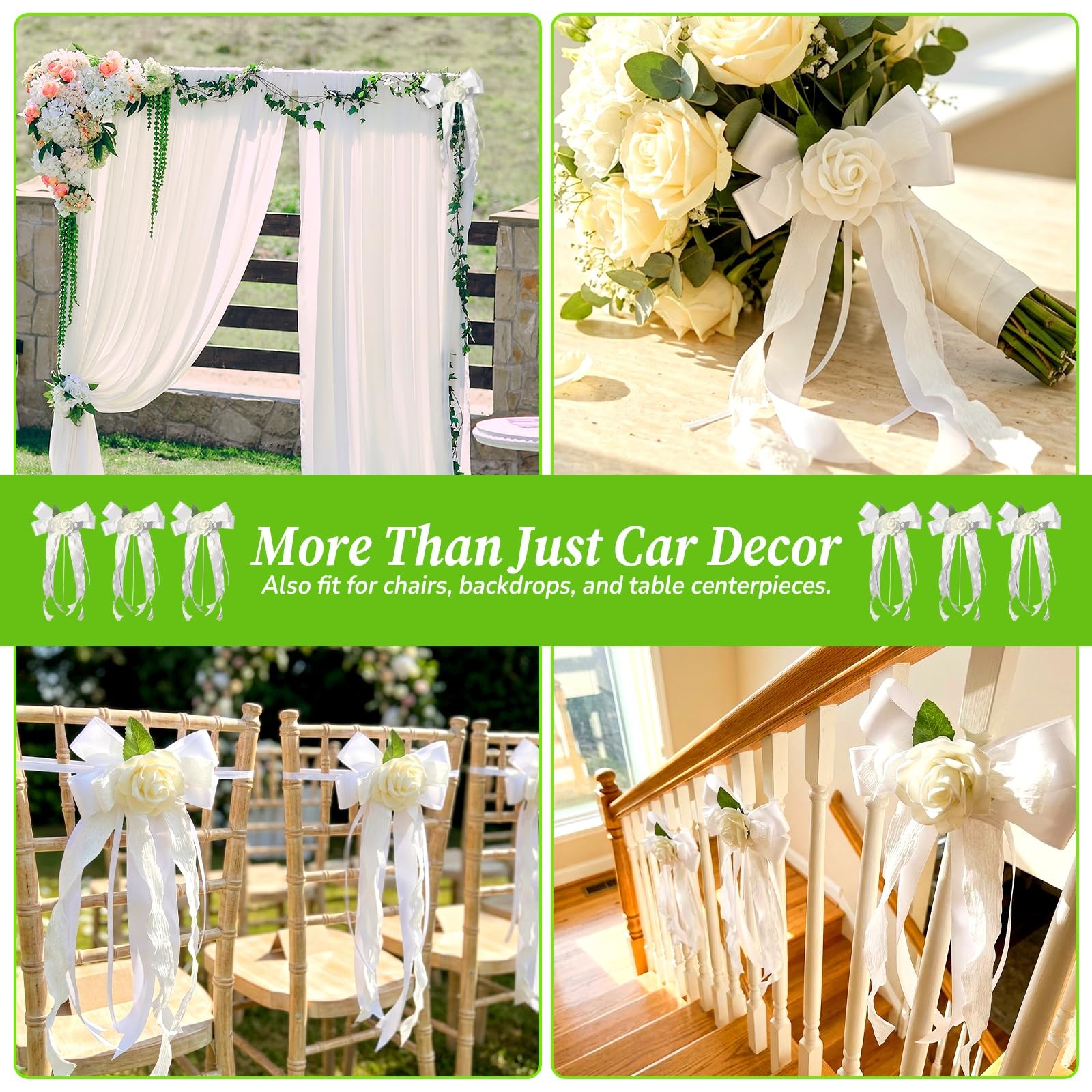 6 PCS White Wedding Car Door Handle Flowers Rearview Mirror Ribbon Bowknot