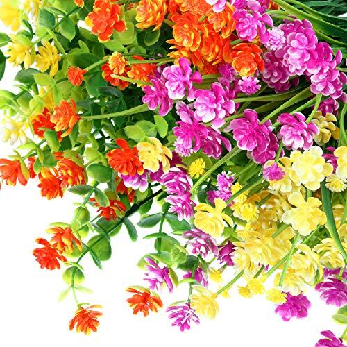12 Bundles Artificial Flowers Outdoor, UV Resistant Yellow, Orange, Fuchsia