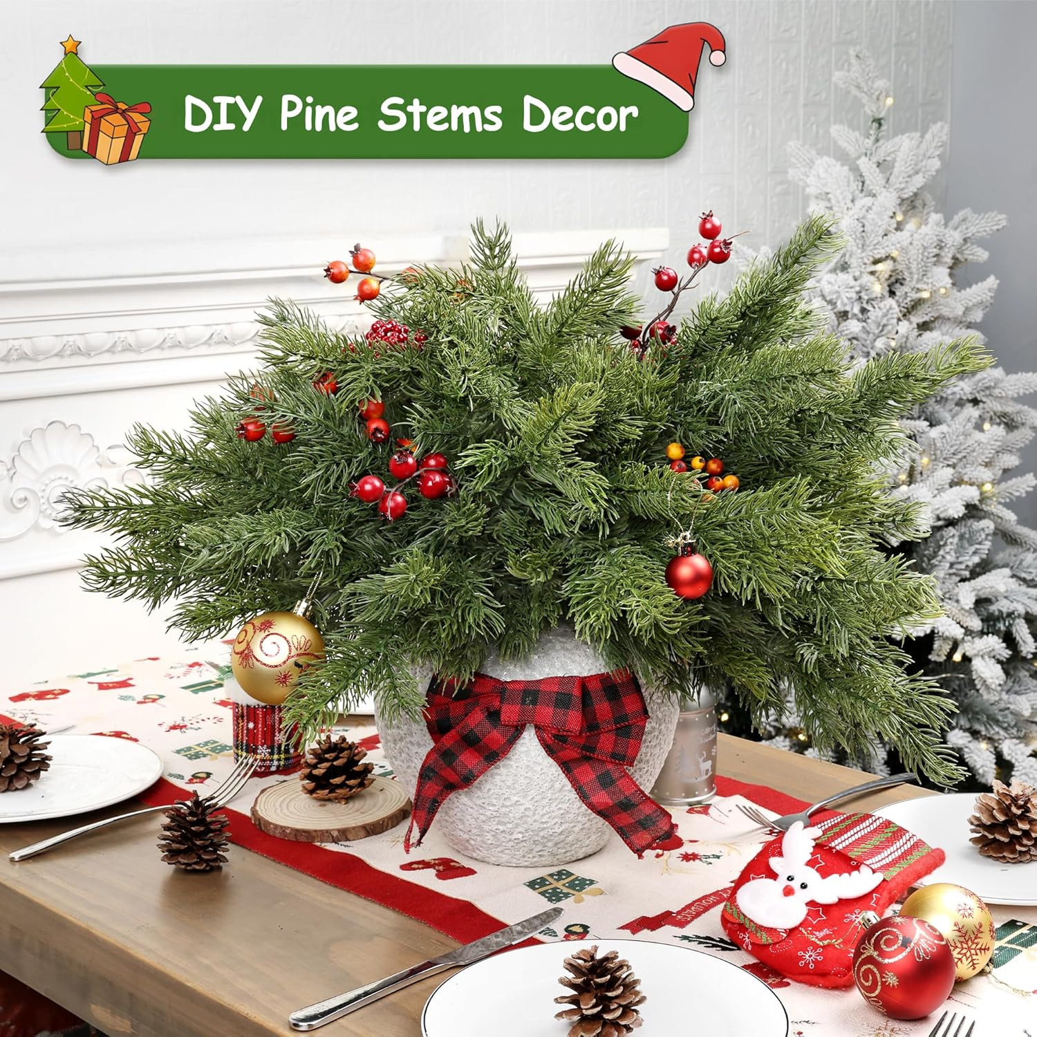 24 Pcs Christmas Pine Branches – 18″ Realistic Artificial Greenery Pine Stems –