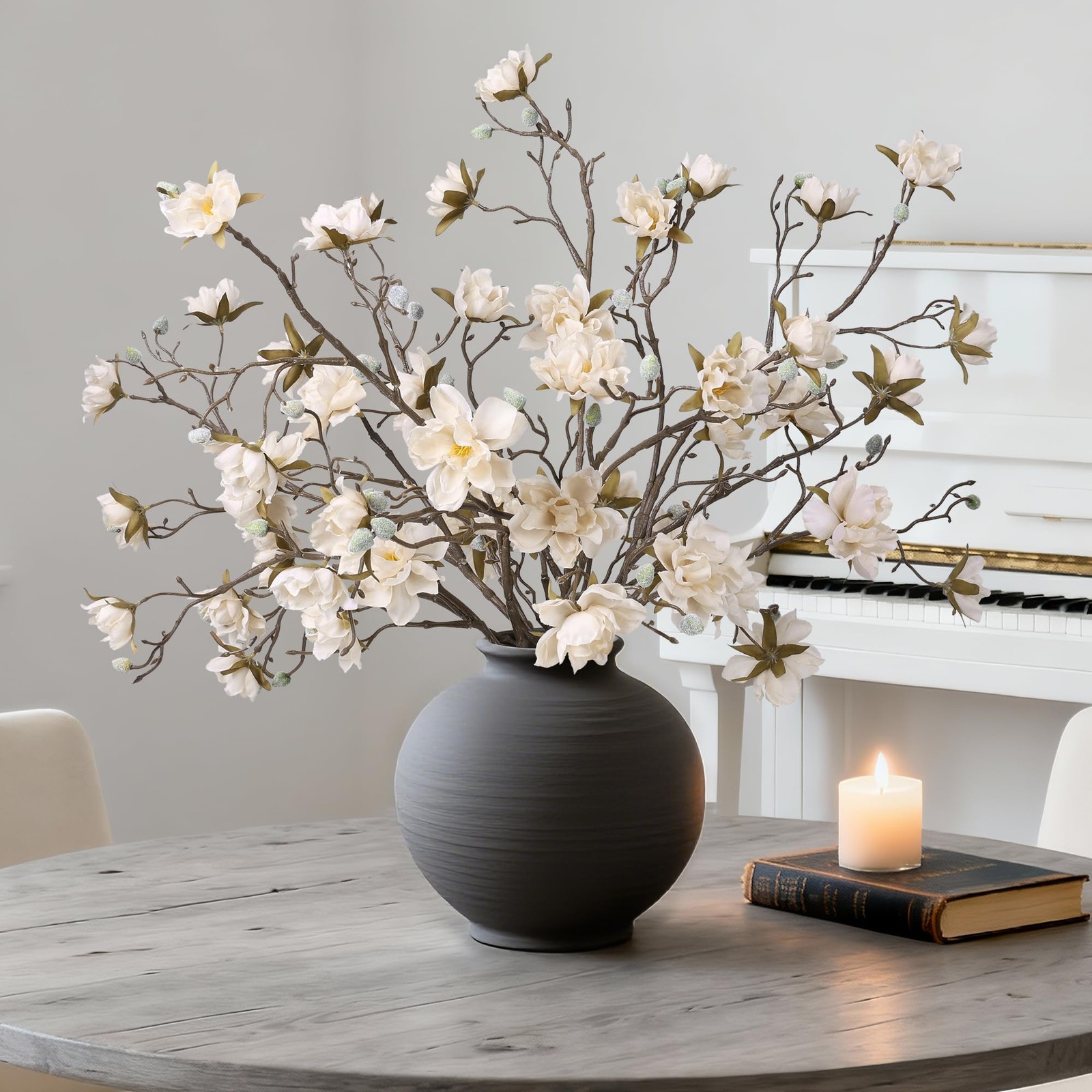 HyeFlora 3PCS Artificial Magnolia Flowers Stems for Spring Decoration, Faux C…