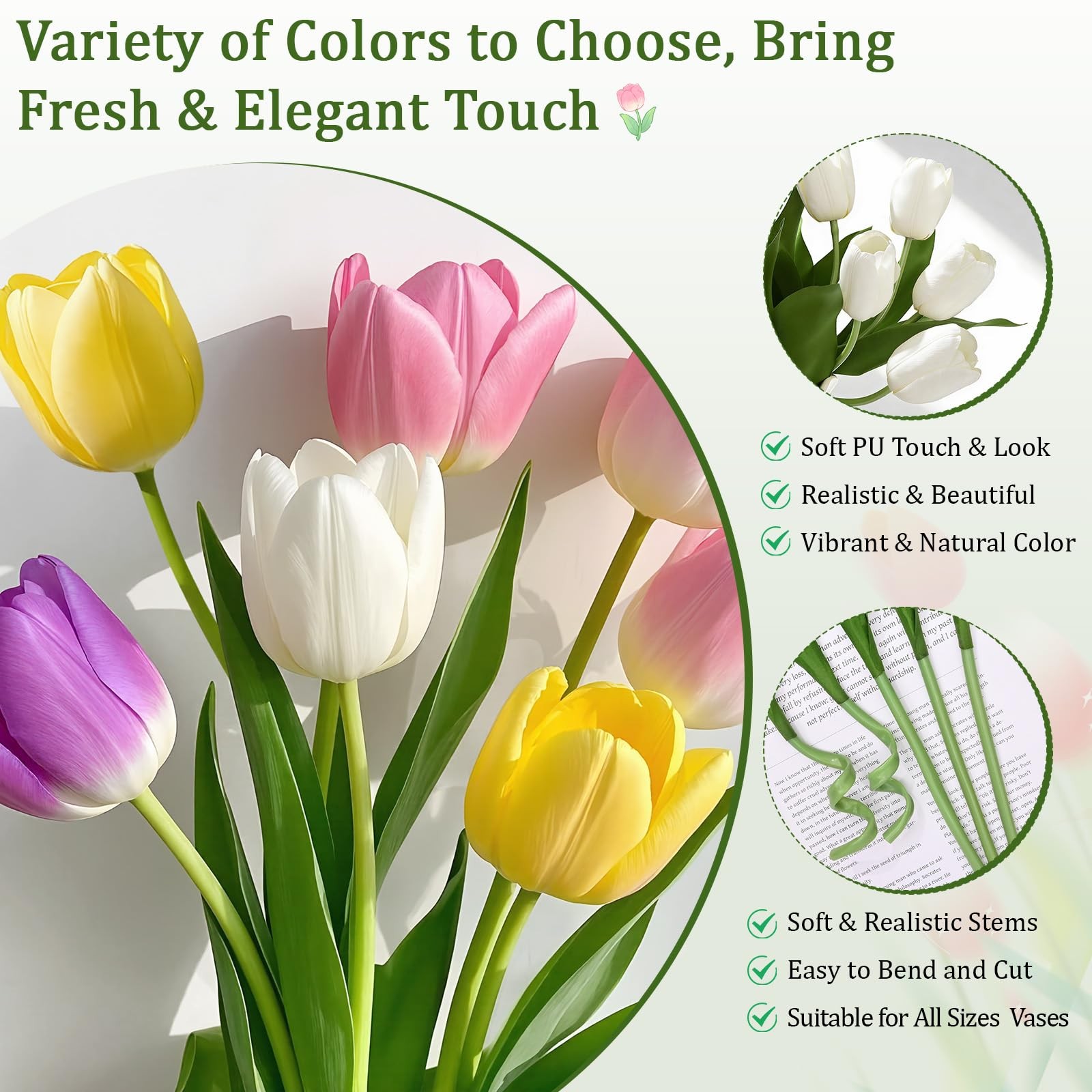 12 PCS White Artificial Tulips Real Touch Faux Flowers 14 Inch Bouquet