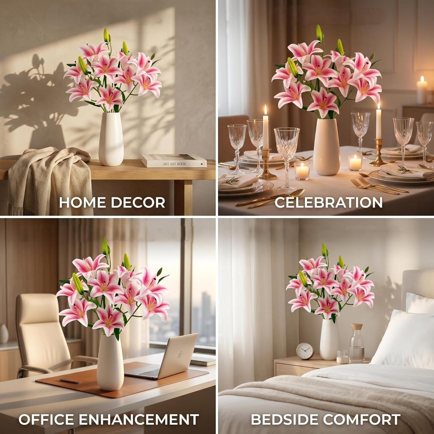 Artificial Lily Flowers with 9 Full Blooms & 3 Buds, Real Touch Long Stem Faux T