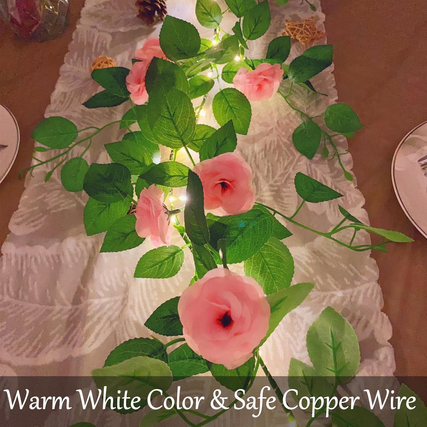 70 LED Artificial Rose Flower Garland with Lights Battery Operated with Timer &