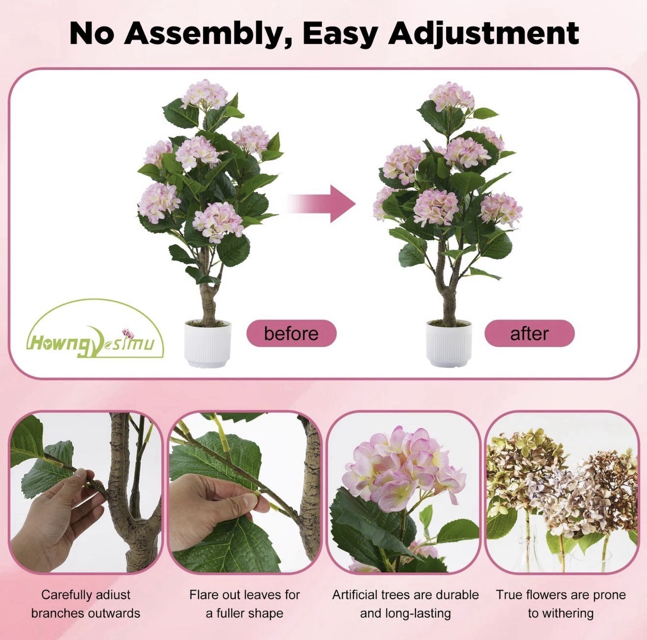 Artificial Hydrangea Tree 2 Pack, 3FT Faux Hydrangea Plant in Pot with Pink F…