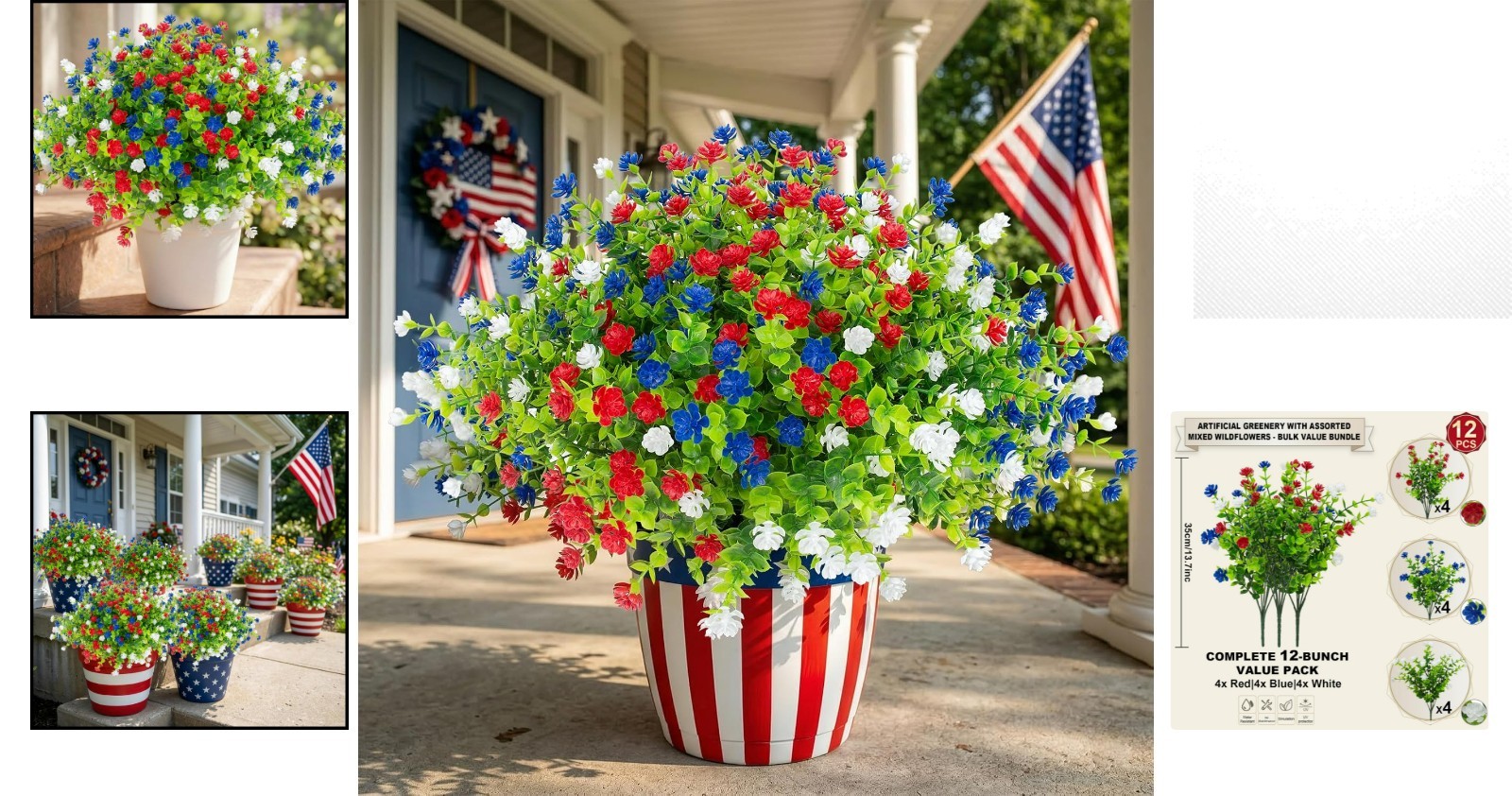 Elegant Red, White & Blue Flowers – 12 Pcs for Festive Outdoor Arrangements