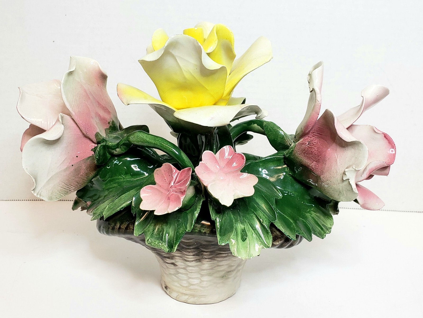 Vintage Capodimonte Italy Floral Basket Porcelain Pink Yellow Roses 10.5x7x7.5″