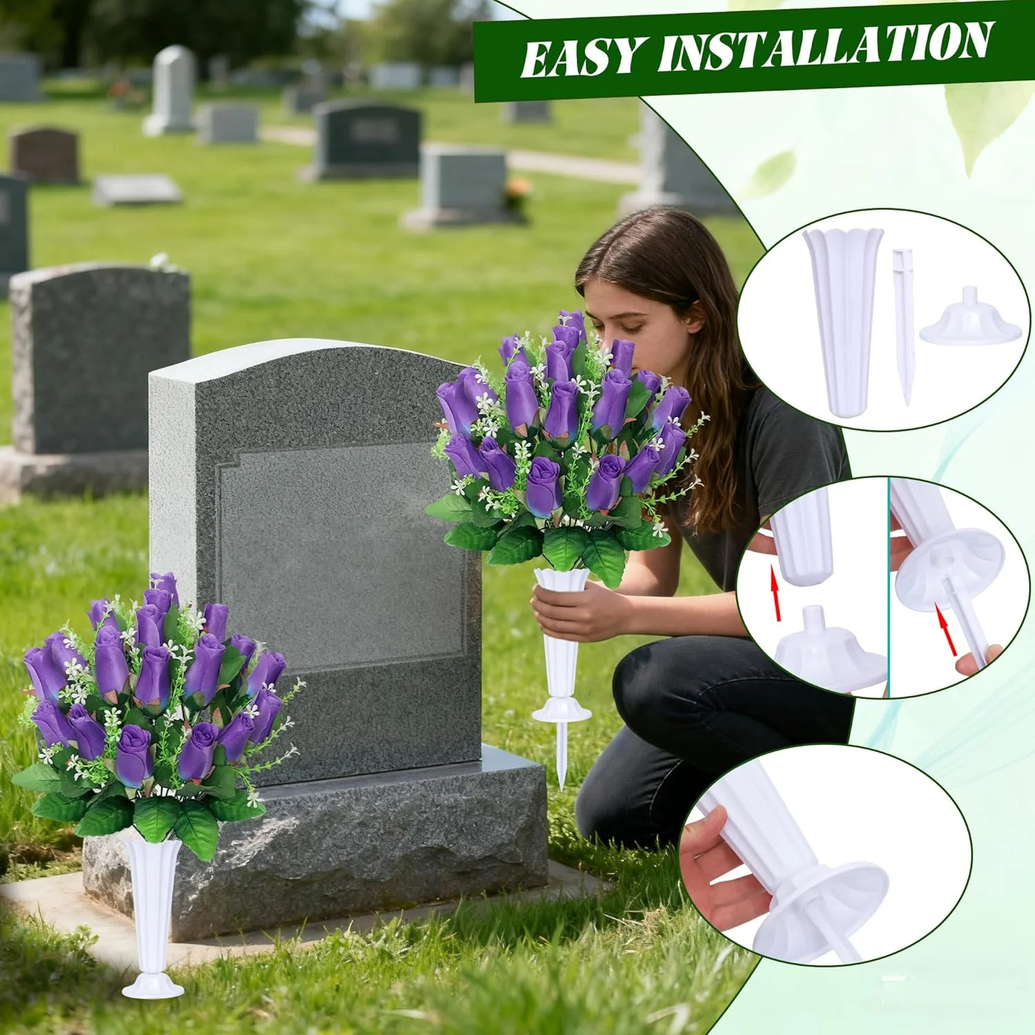 Artificial Cemetery Flowers – Rose Bouquets with Vase for Grave Decoration (P…