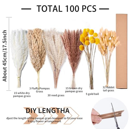 100PCS Natural Dried Pampas Grass Decor – 17.5″ Fluffy Pampas Grass Bouquet –
