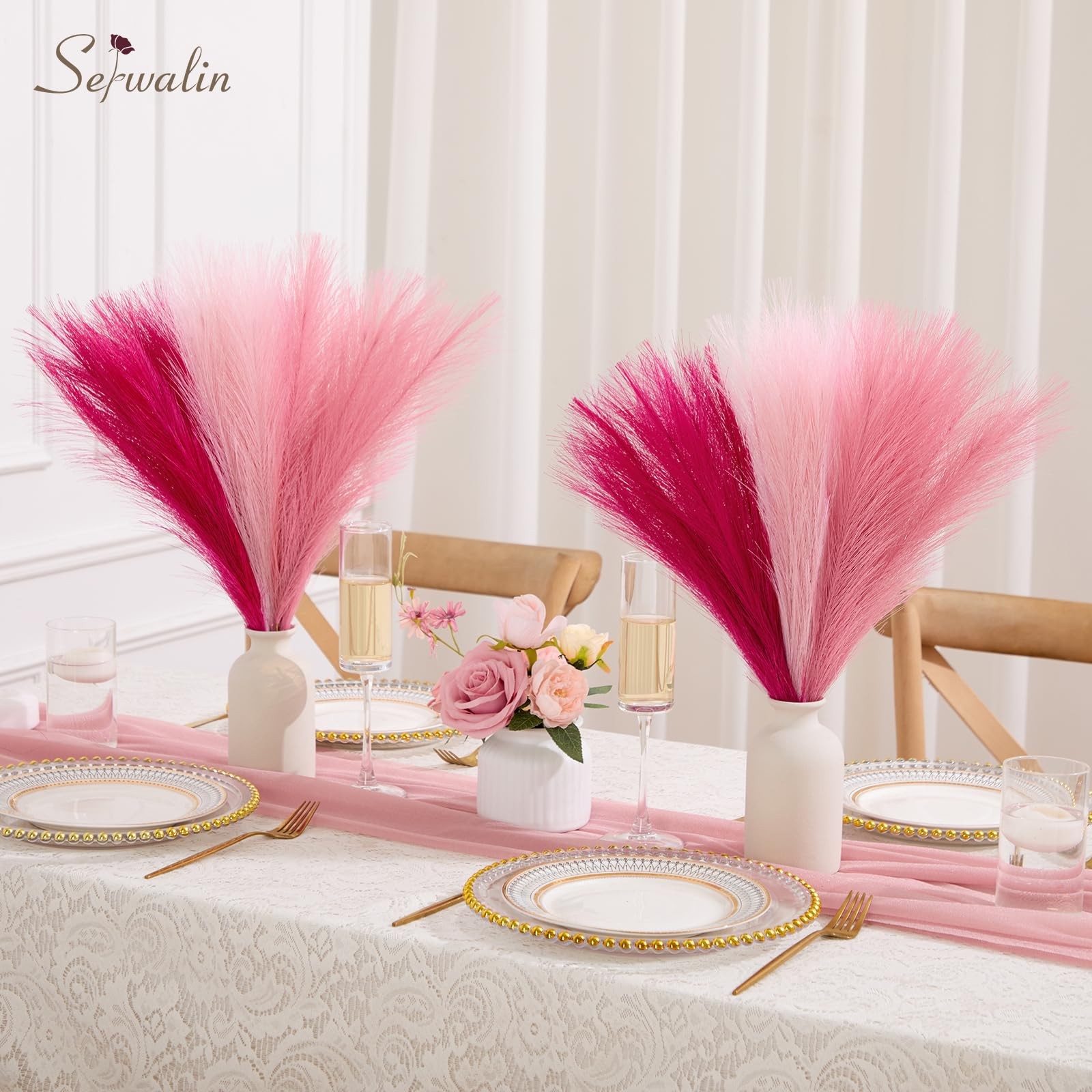 60Pcs Hot Pink & Blush & Pink Pampas Grass Decor, 17.7” Faux Pampas Grass, A…