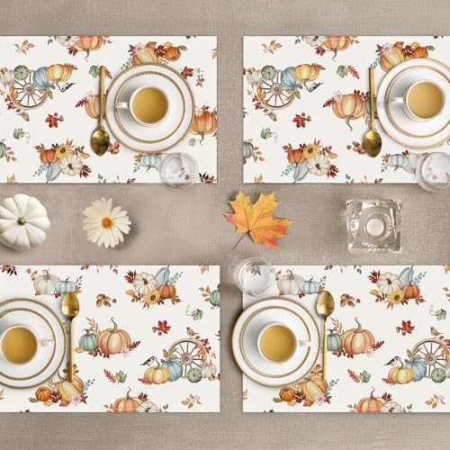 Fall Pumpkin Placemats Set of 4, 12×18 Inch Autumn Maple Leaves Pumpkin-3