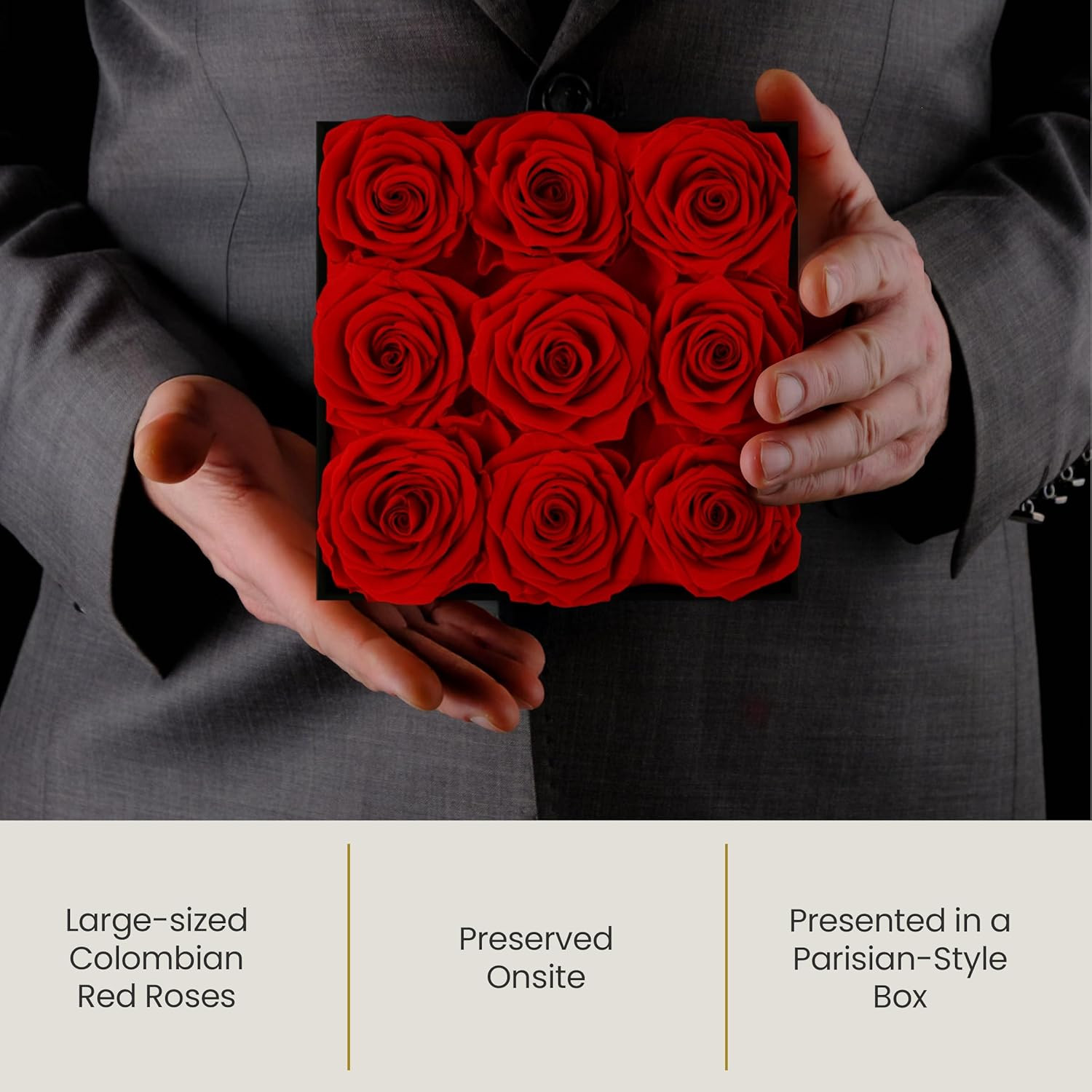 9-Piece Preserved Roses in a Luxury Gift Box – Real Roses in Square Black Box –