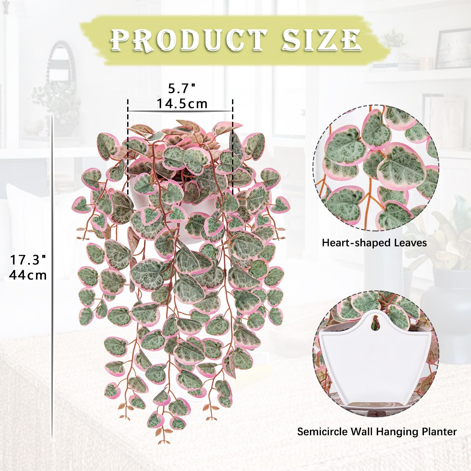 Faux Hanging Plants 17” Artificial String of Heart Vines with Semicircle Wal…