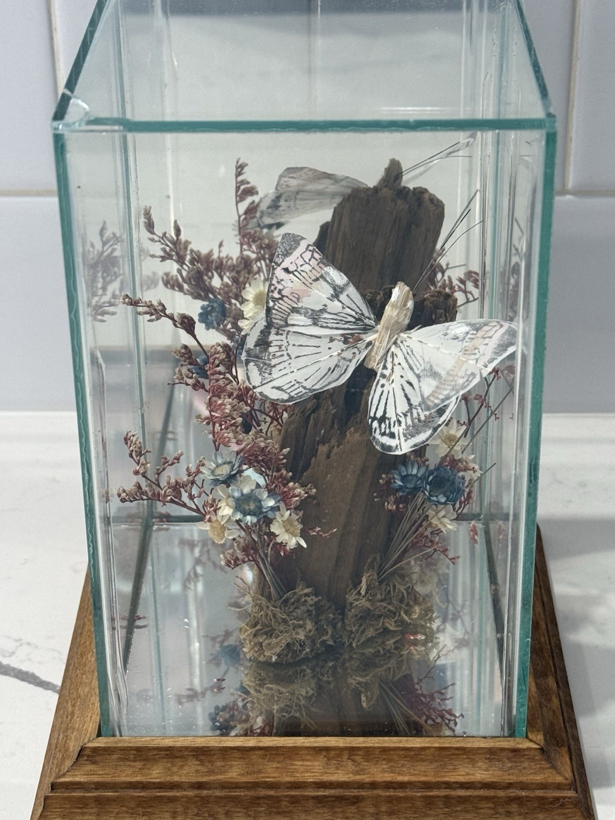 Glass Display Terrarium Butterfly (Faux) Dried Florals Wood Base CottageCore